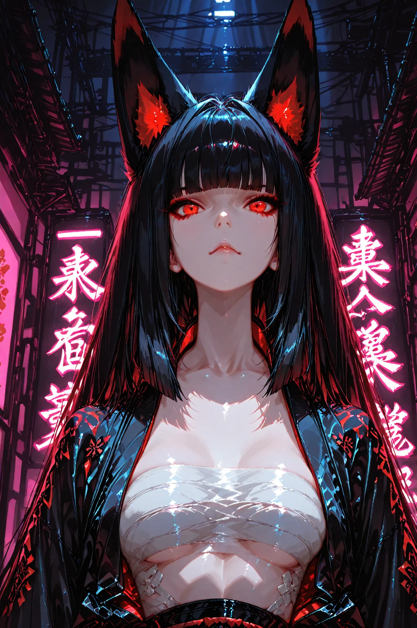 glass shards, reflection, broken glass,<Akakitsune>, fox_ears, red_eyes, long_black_hair, blunt_bangs, white_sarashi_top, japanese_open_clothes, upper body, front view, dark background, (masterpiece:1.3, 8k:1.3, highest quality:1.3, detail:1.3, high resolution:1.3, dramatic lighting:1.2, ultra detailed)
