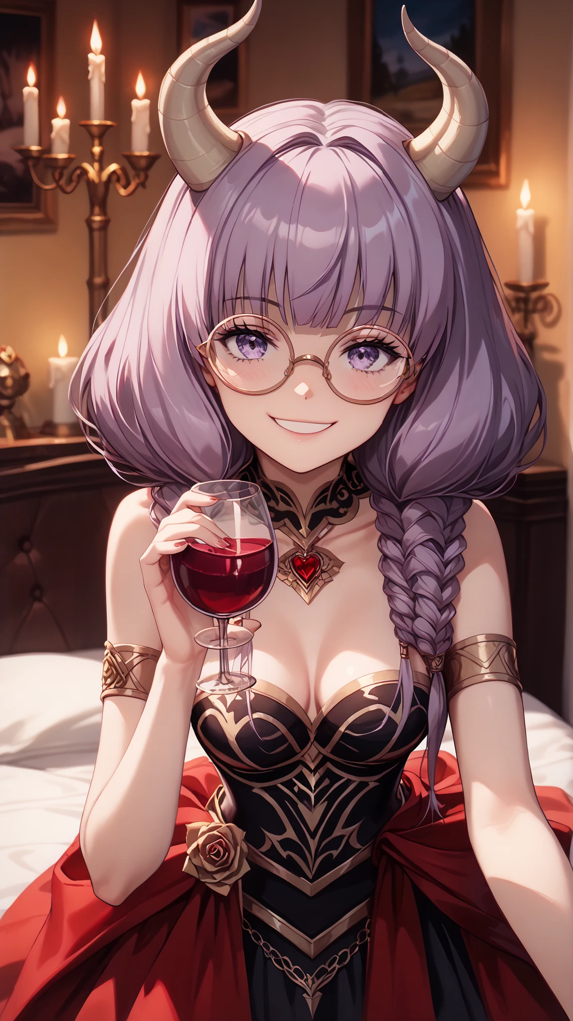 masterpiece,very detailed,beautiful faces,And high-precision,(cute Devil's Rose assassin girl:1.5),(ONE WOMAN),she's sitting in the devil's dark bedroom bed,There's a devil's candlestick behind the bed、(She's wearing round gold-rimmed glasses:1.5),Candlelight,external, Expression of victory ,(Fearless Smile:1.5),light reddish purple hair,Light Purple Eyes,volumeiger holding red wine in his left hand
So cute,doing a devil's ceremony,My cheeks are blurry and red, cowboy shot,(she's hanging a scale in her right hand:1.5)
