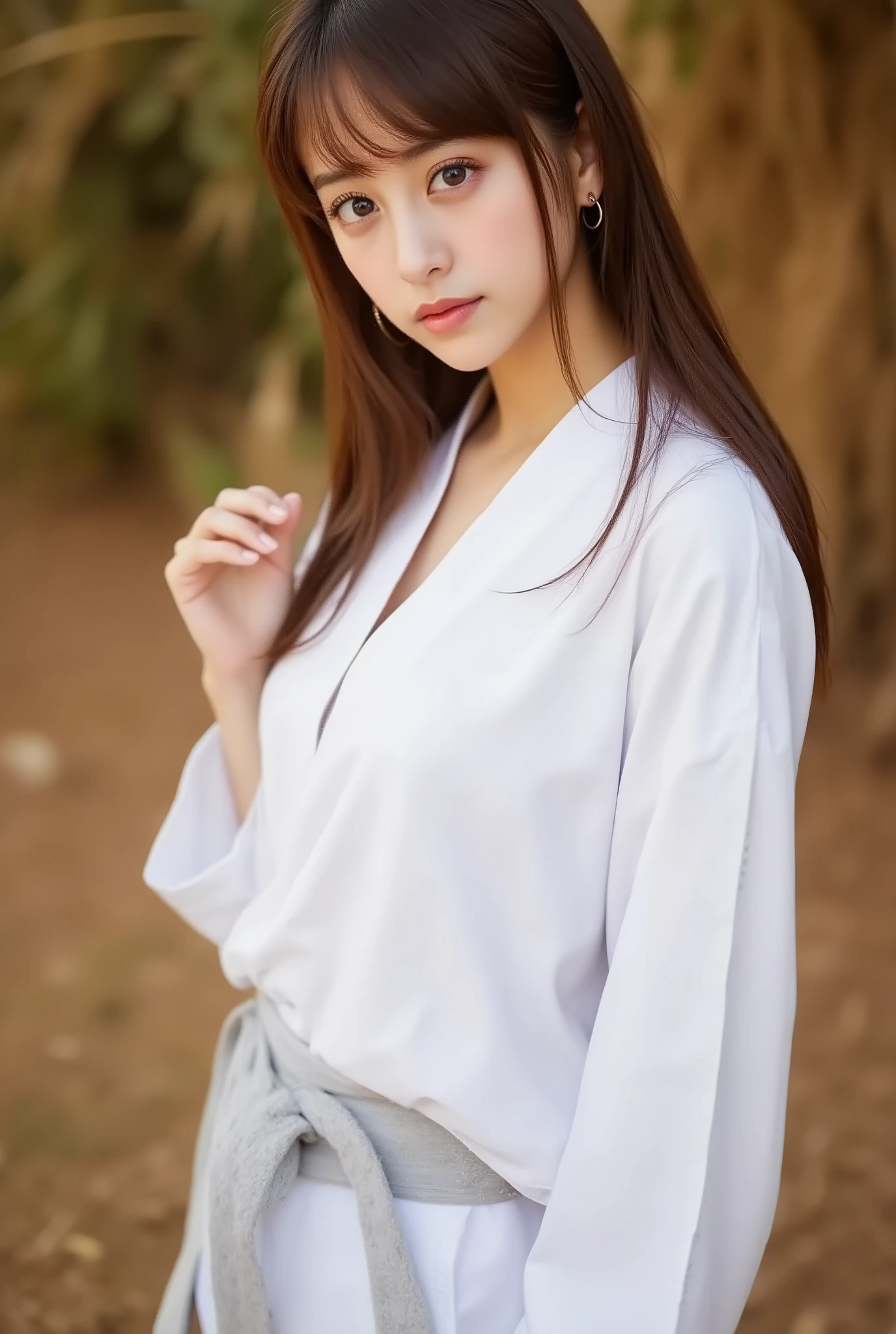 (Karate uniform )wear(Sydney Sweeney), ((big boobs, big boobs, overhanging chest, Well defined breasts, deep chest、))、((( front open shirt))、(((Empty-handed)))、(    dark haired)、(  unkempt bangs)、( Blonde)、(  wet hair)、(((Female Karate、Karate Stance, spin kick )))、(( I'm sweaty))、( clean skin )、((serious))、((  Feeling vague))、(((Karate Dojo)))、((Graceful Paintings   ))，( masterpiece　 EXQUISITE RAW PHOTO  :1.25), ( Highest Quality:1.6), (  Ultra High Definition :1.5), (  author：mr. nomi:1.75),  8K resolution for kindergarteners ,   Canon EOS R5  , 50mm, Abs urd,  very detailed,cinema writing