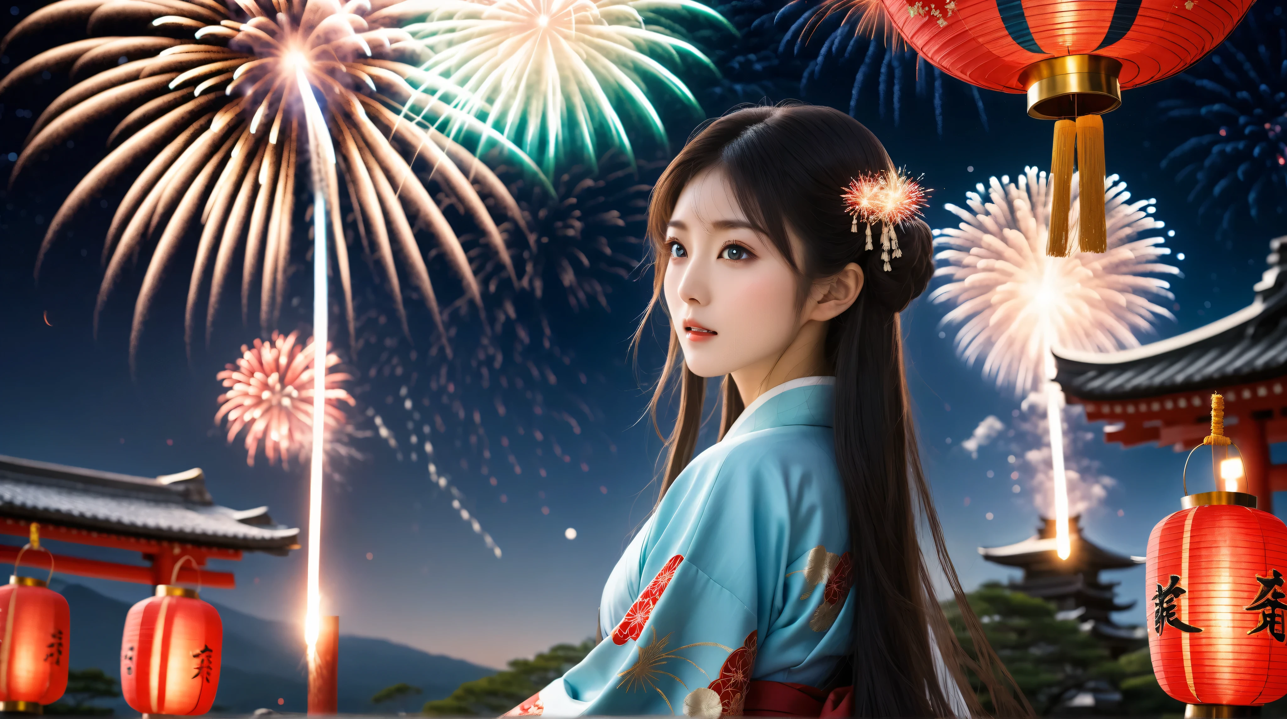 A divine Japanese goddess in a shrine maiden outfit watching a magnificent display of celestial fireworks in the night sky above a sacred shrine . The fireworks shine like stars , forming mystical patterns that illuminate the goddess and the shrine grounds , Soft moonlight and glowing lanterns enhance the divine atmosphere . The goddess's long hair flows gentle in the night breeze , her eyes reflecting the magical lights. Ethereal , cinematic lighting ultra detailed , fantasy realism , masterpiece , 8K , full body composition .