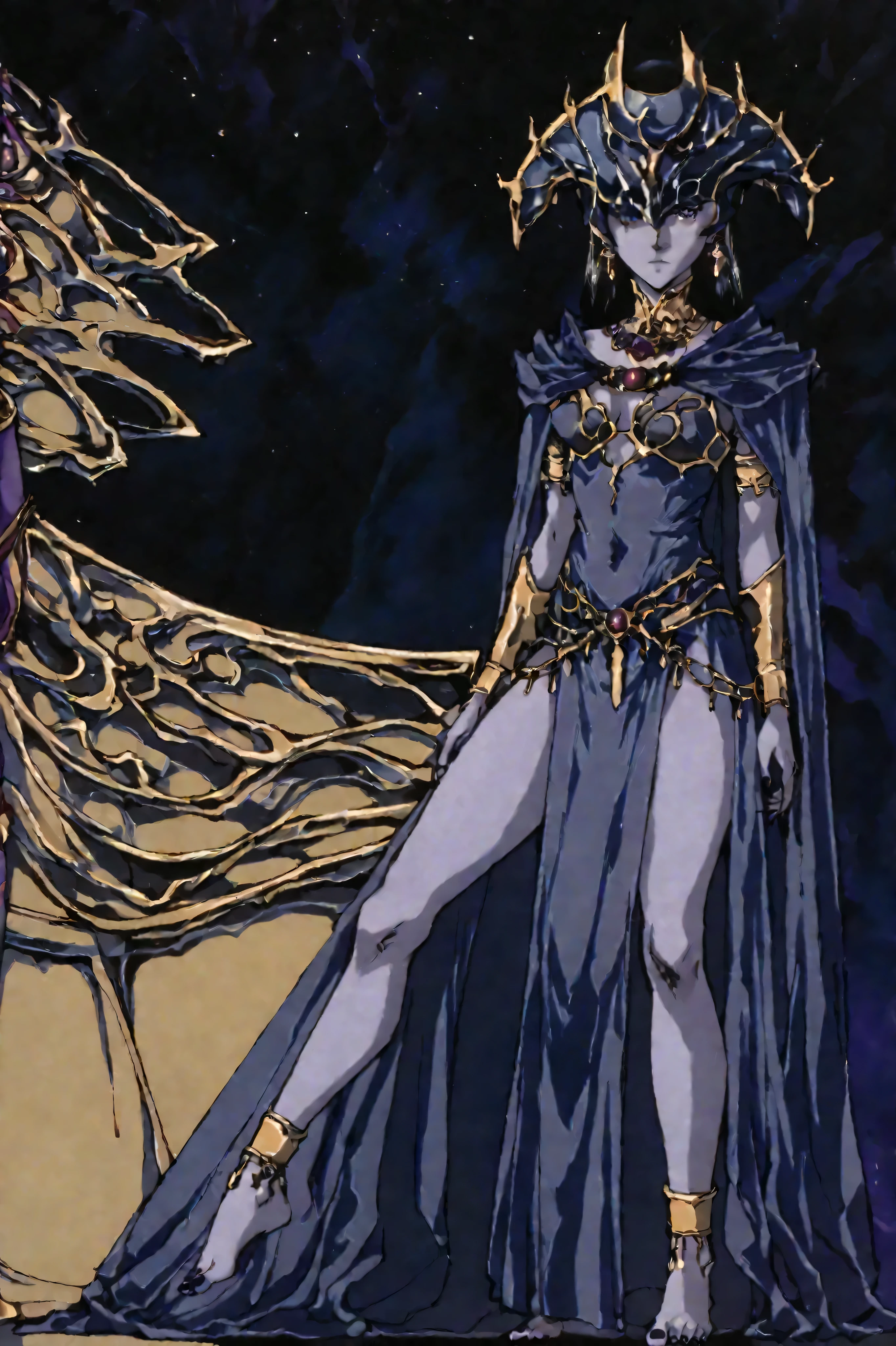 score_9, score_8_up, score_7_up, score_6_up, score_5_up, score_4_up, masterpiece, highres, absurdres, newest, best quality, rolstyle, 1woman, adult woman, 30years old, female focus, fantasy anime 1990s style, long black hair, Helmet, eyes covered, shar, helmet, shar \(baldurs gate\), goddes shar, colored skin, light-purple skin, eyes covered by the helmet, dark-purple dress with golden details, dark-purple nails, purple cloak, bare arms, emotionless, serious expression, looking at the viewer, walking from the darkness of shadows in to a dream-like space, solo focus, no other people, complete figure, perfect anatomy, goddess, darkness theme, barefoot, perfect feet, legs, bare feet, perfect anatomy, crown, jewelry, earrings, dark, darkness, dark background, high definition, high details, hd, 4k, hires