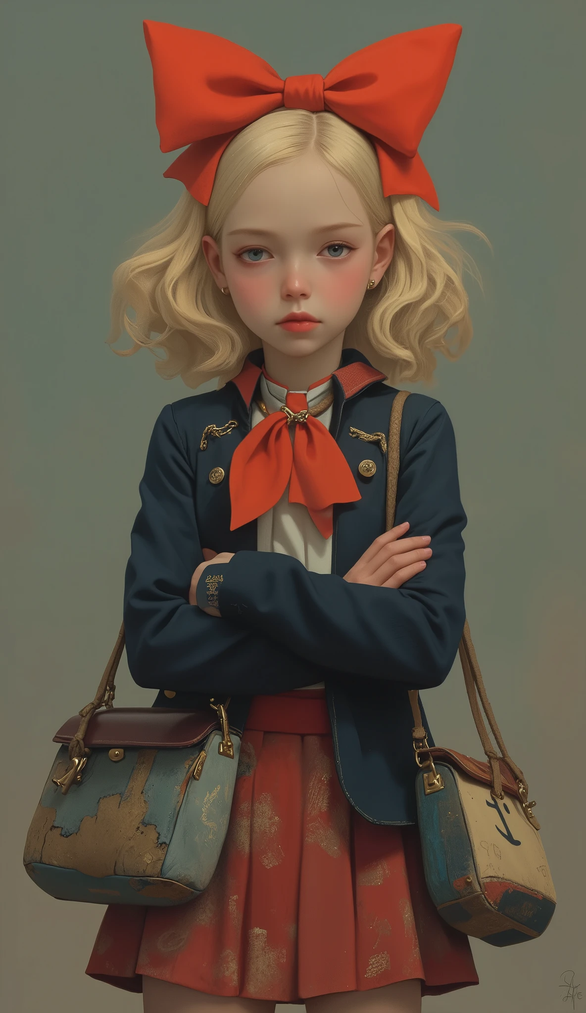 A young girl is depicted with wavy blond hair, styled with a large, vibrant red bow. Her outfit resembles a vintage or theatrical sailor uniform, featuring a dark navy jacket adorned with brass buttons and a prominent red neckerchief. An anchor emblem enhances the maritime theme, subtly blending with the neckline detail. Underneath, layers of textured fabric in a skirt create a sense of playful sophistication. The outfit includes monochromatic lettering, such as "AIa" on the skirt and "Ai" on her leggings, adding a graphical and possibly cryptic element. Her expression remains unknown, but her stance, with crossed arms, suggests confidence or defiance. She carries two bags, each with rope and patchwork elements, echoing nautical aesthetics. The muted background contrasts with her vivid attire, enhancing the visual impact and artistic flair.
