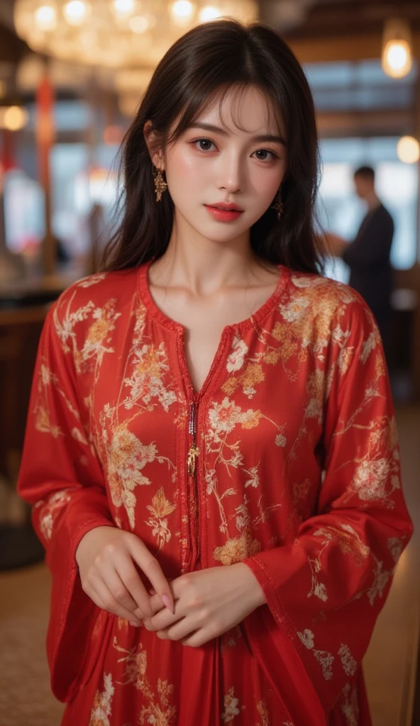Very detailed CG Unity 8k 壁紙, Highest quality, Very detailed, Tabletop, Realistic, Like the picture, Very detailedかわいい女の子, Age 25, ,, Upper Body , ,huge ,Iris,wine red silk cheongsam dress