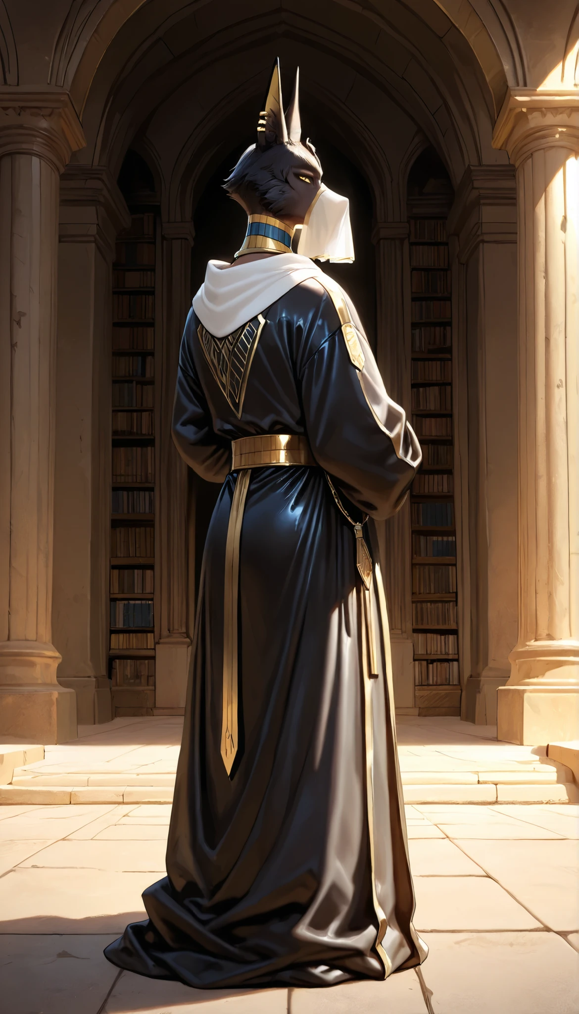 masterpiece,highest quality,absurddress,newest,perfect quality,highest quality,is absolutely attractive,detailed backstory,complex parts,realistic,siriusanubis,One,full body,1 boy,fluffy,jackal boy, black leather,jackal ears,piercing,yellow eyes,veil,jewelry,egyptian clothes,robe,animal hands,DIY together,looks at the viewer,,Library