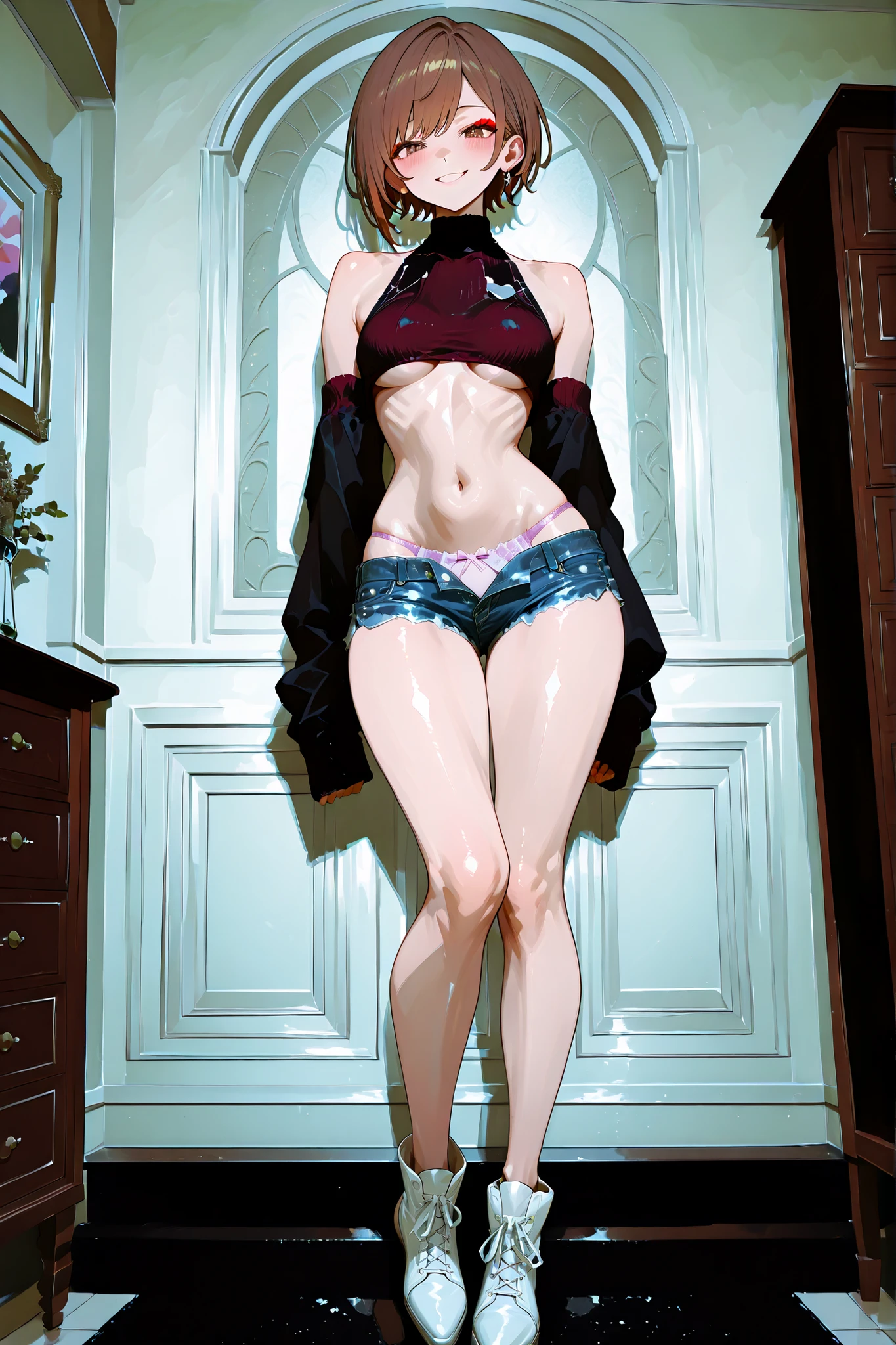 must-have、Highest Quality、Illustration、so great、is fine、high resolution、8K Wallpaper、perfect dynamic configuration、(((full body lesbian)))、((from below))、20 year old pretty girl、beautiful face details、detailed and cute eyes、fine skin、red face、Shy、('s short hair:1.3)、(Wavy Brown Hair)、small breasts、Bold Sexy Poses、smile、( no sleeve 、must-have、perfect dynamic turtleneck)、hotpants string street、small breasts、huge wide area、from below見ると小さいお尻、Simbat、on the eaves.、 thin shoulders、IN UNDERWEAR、