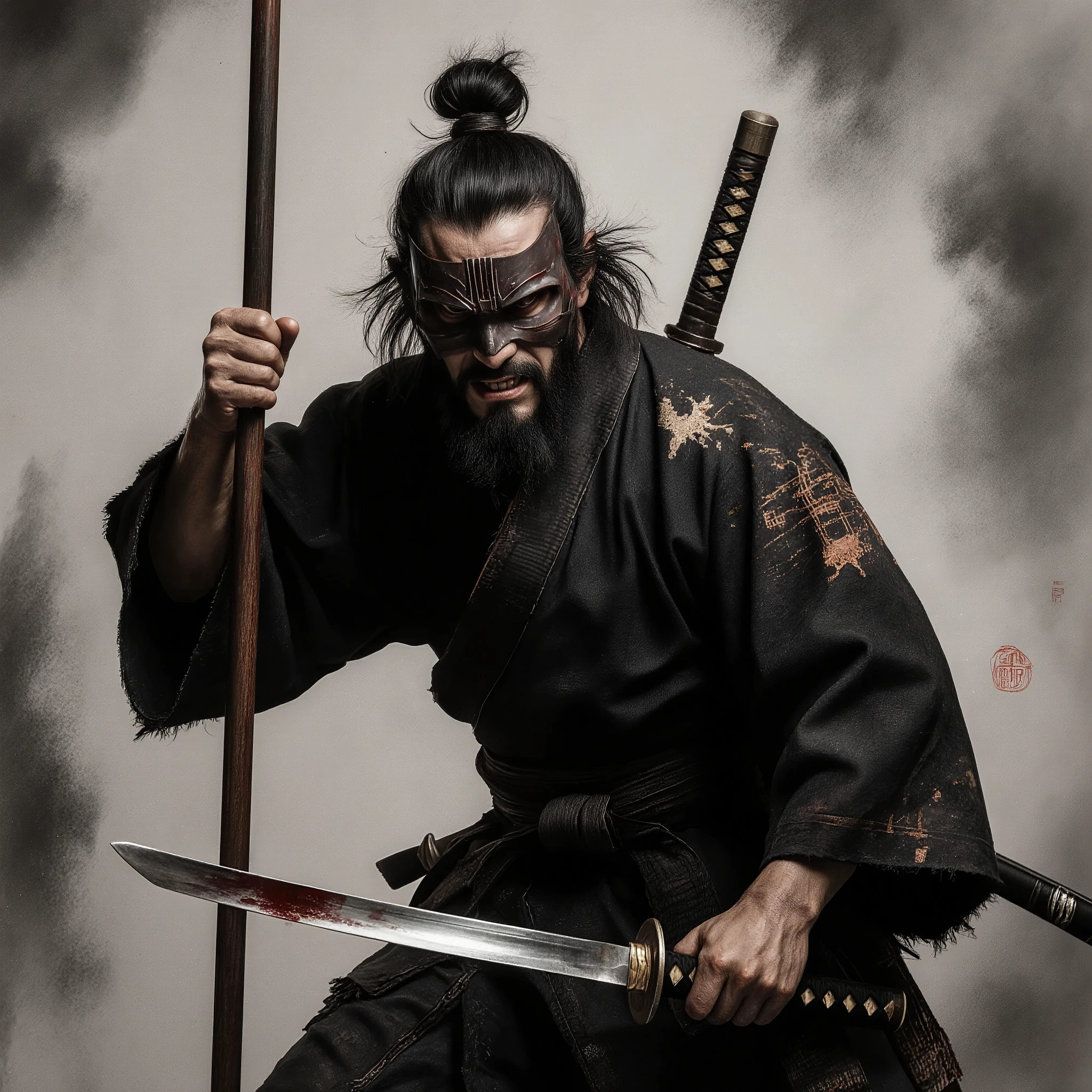 "Full body image with a long spear sandwiched between his sides and held low back,、wearing a traditional samurai mask、he confronts each other with a very long spear、 hyper-realistic depiction of a fierce samurai warrior. He has had detailed descriptions of , she has disheveled dark hair tied to a top knot, have a strong, sculptural look、resolutely strong expression. his deep hollow eyes、are full of warrior determination、Strong anger and sorrow for the traitors、he wears a traditional black kimono with battle marks visible, Ragged Edge, And faint blood stains. he has a slightly weathered sword in his right hand, her sharp blade reflects light. a sword in another scabbard is placed on his back. background is a minimalist, her faint brush-like elements, giving a dramatic, traditional ink painting aesthetic. the overall tone is modest, dark tones with subtle highlights to accentuate realism. The texture of his skin, Beard bristles, and each strand of hair is clearly visible, guarantees a lively appearance."
