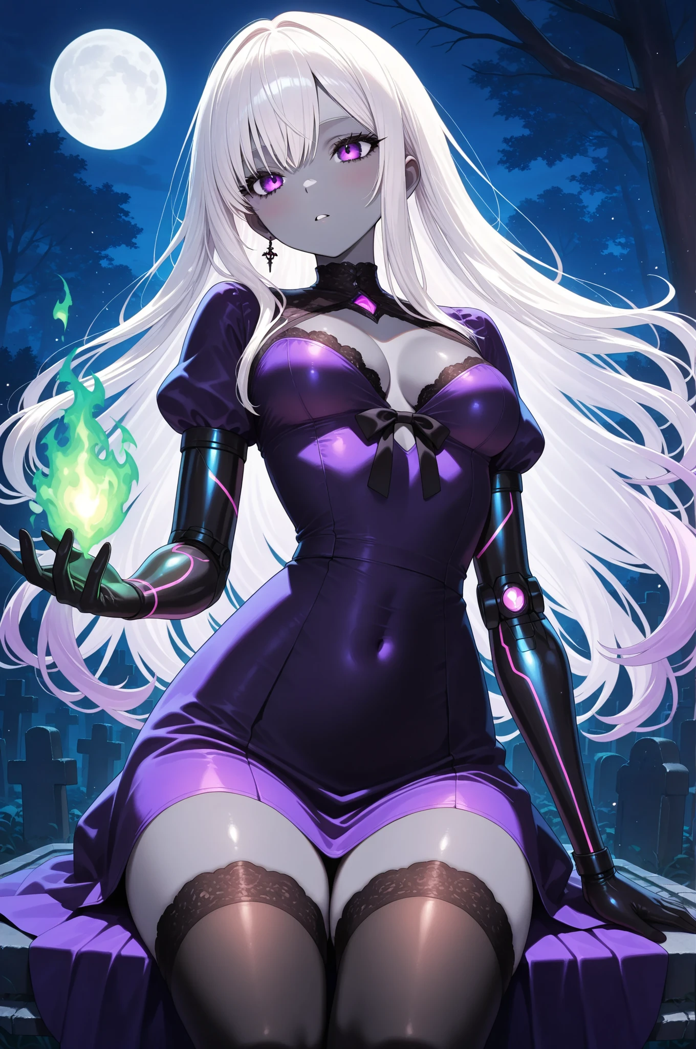 Masterpiece, best quality, ultra-detailed, 1girl, solo, front view, cowboy shot, down view, Ruinala, dark grey skin, long white hair, purple colored eyes, medium breasts, black and purple cybernetic arms, gothic dress, thigh highs, platform heels, sitting on a tombstone, looking at her hands, conjuring green flames, graveyard, night time, full moon, withered trees