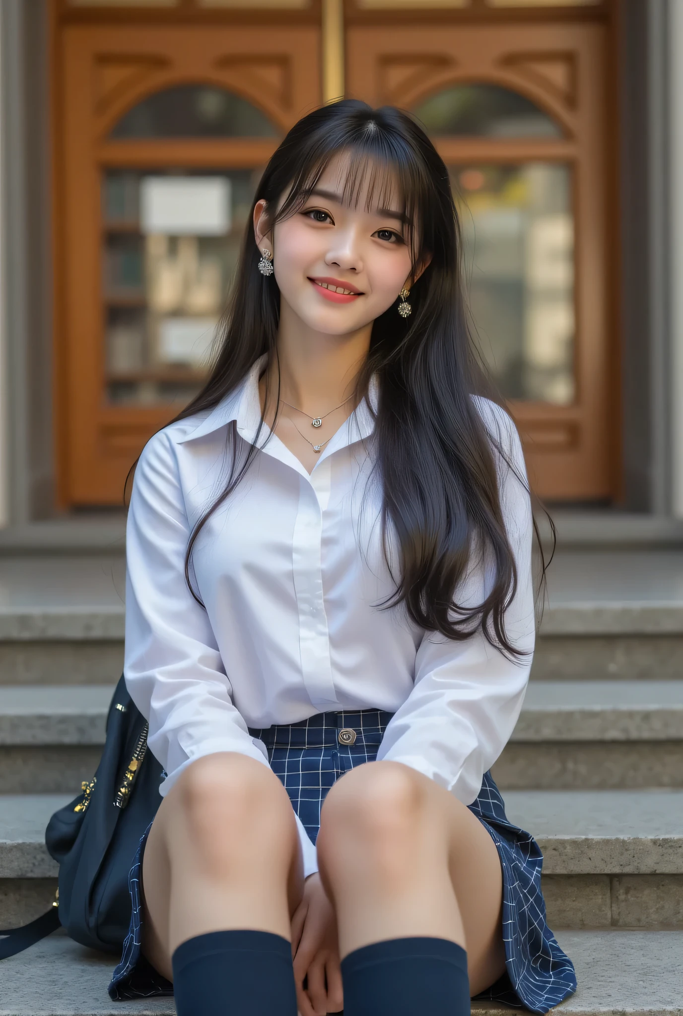 A breathtaking photograph crafted by a professional photographer in photomaker style, presented in flawless 8k HD quality, showcasing a lone 18-year-old schoolgirl, an idol-like figure with a happy, radiant smile, designed for an AV actress package photo. Her super beautiful features include very long black hair flowing far past her waist, accentuating her sharp nose, long-shaped face, and broad shoulders, exuding confidence and charm. She wears a school uniform with an oversized white shirt, its long sleeves slightly slipping off her bare shoulders for a casual yet alluring look, paired with a navy blue plaid pleated skirt and navy blue knee socks that emphasize her legs. Adorned with a delicate necklace, sparkling earrings, a bracelet, and a chic backpack resting beside her, she radiates the excitement of a new student. Her huge breasts are subtly emphasized, catering to the big breasts fetish aesthetic, while her brown eyes lock onto the viewer with a gentle, captivating smile, her lips soft and inviting. Captured from below in a cinematic cowboy shot, she sits with her legs elegantly spread apart on the steps of a grand school library entrance, the background a soft blur of towering bookshelves and warm wooden tones, with spring sunlight streaming through arched windows to mark her new academic journey. The blurry backdrop ensures solo focus, with professional lighting enhancing the texture of her plaid skirt, the shine of her jewelry, and the relaxed drape of her oversized white shirt, creating a hyper-realistic portrait that balances innocence and allure in a scholarly new-enrollment setting.

