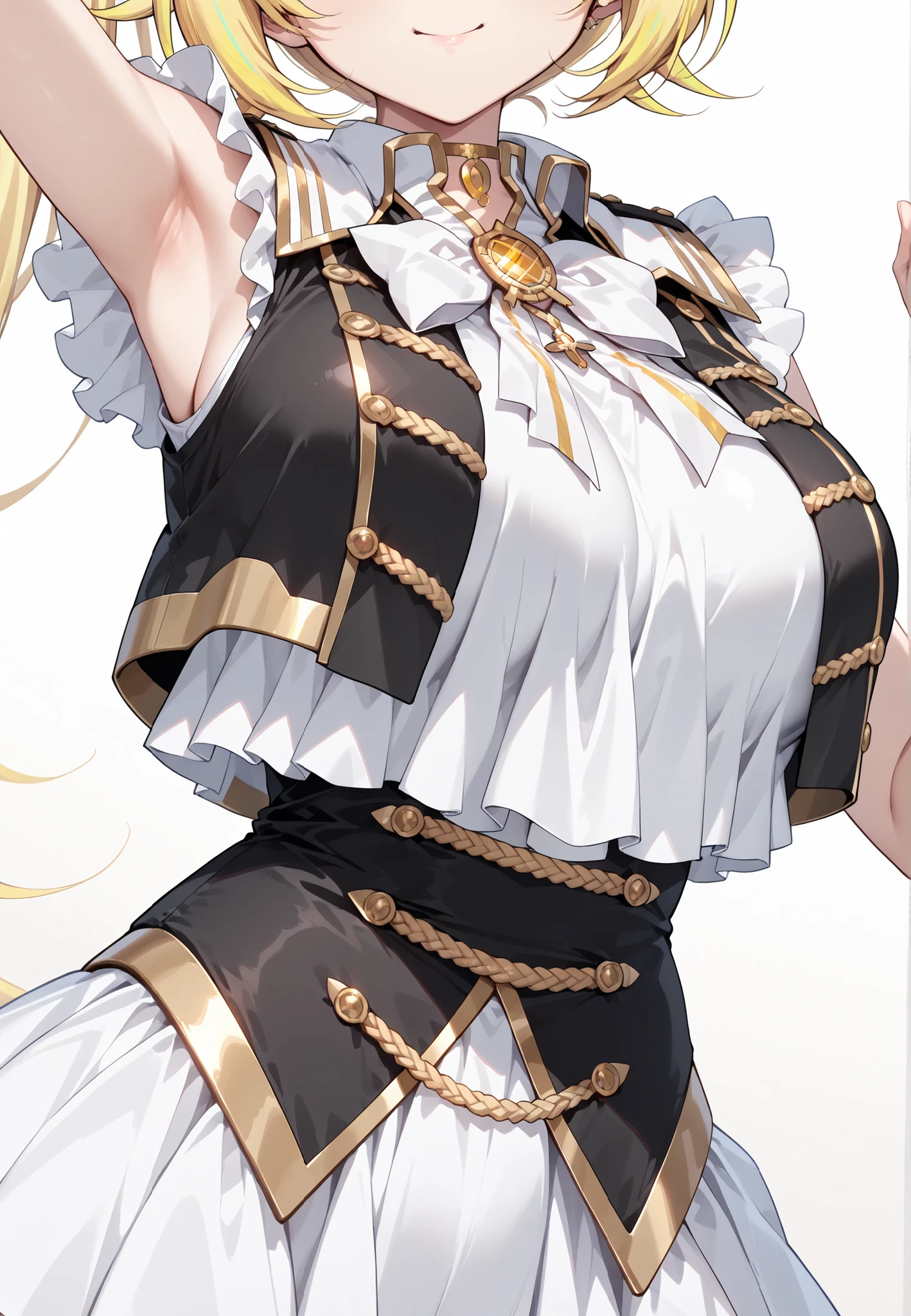 armpits, ((gold trimmed black long corset)), nijisaracos,sleeve frill,((black vest)),((gold trimmed black vest)),((gold trimmed crop top vest)),gold trimmed open vest,((aiguillette)), ((white long satin bow)), ((white large satin bow)),((white bow)),yellow brooch,nijisara,((large breasts)),heterochromia,rHoshikawa_Sara,1 girl,sexy girl,masterpiece, best quality, highres, (((white background))), ((white back ground))
