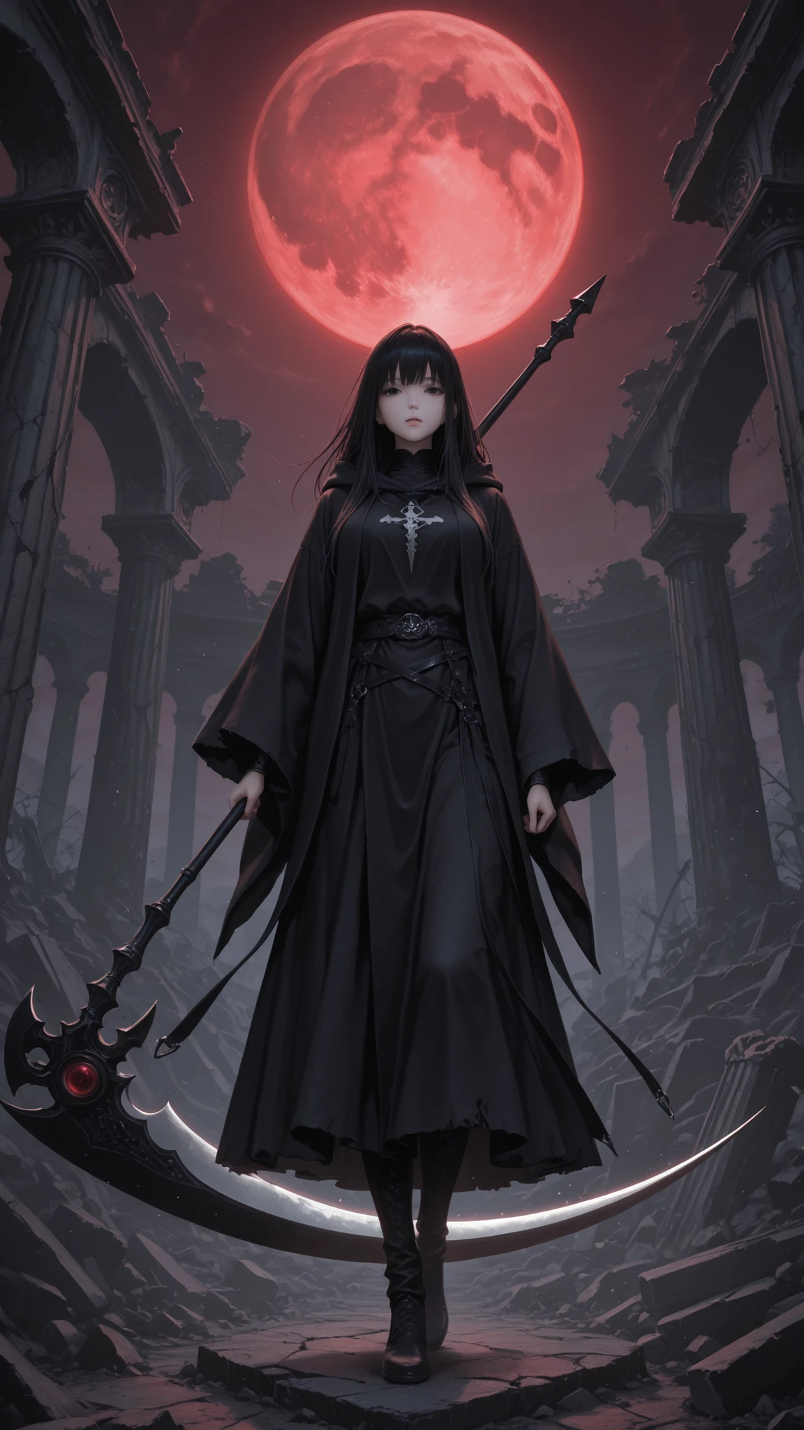 super high resolution、Artwork、precise details、Silent Woman Reaper、Emotionless face、Deep black eyes、Giant Reaper's Scythe、Sharp White Blade、Light Reflecting Blade、Black Foggy Robe、slender figure、Messenger of Death、Figure floating in the air、Ancient Ruins、Broken Pillars 、 dim sky、Red Moon、Light of the Soul、Dark Fantasy Worldview、creates fantastic light、Dark and Mysterious Atmosphere、sharp contrast
