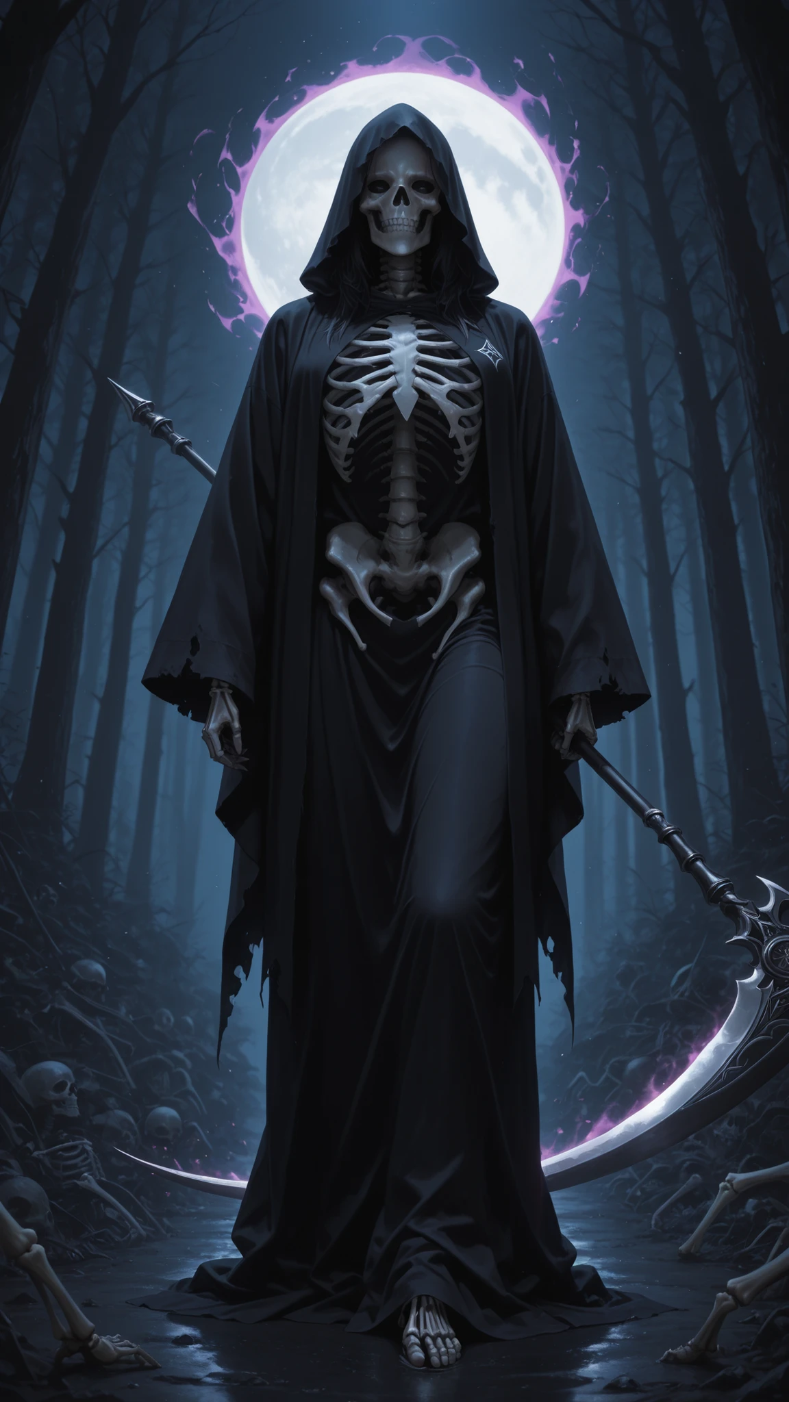 Highest Quality、masterpiece、detailed description、Female grim reaper、Unemotional Expression、Empty Jet Black Eyes、huge silver scythe、Sharp Blade Shine、Black Robe Fluttering in the Wind、Skeleton Hand 、A symbol of death 、floating in the air、 magical power 、dark forest、 dead trees々、crows、Purple Magical Aura、moonlight、Dark Fantasy、Heavy Atmosphere、Strong contrast lighting、in dark tones、eerie beauty