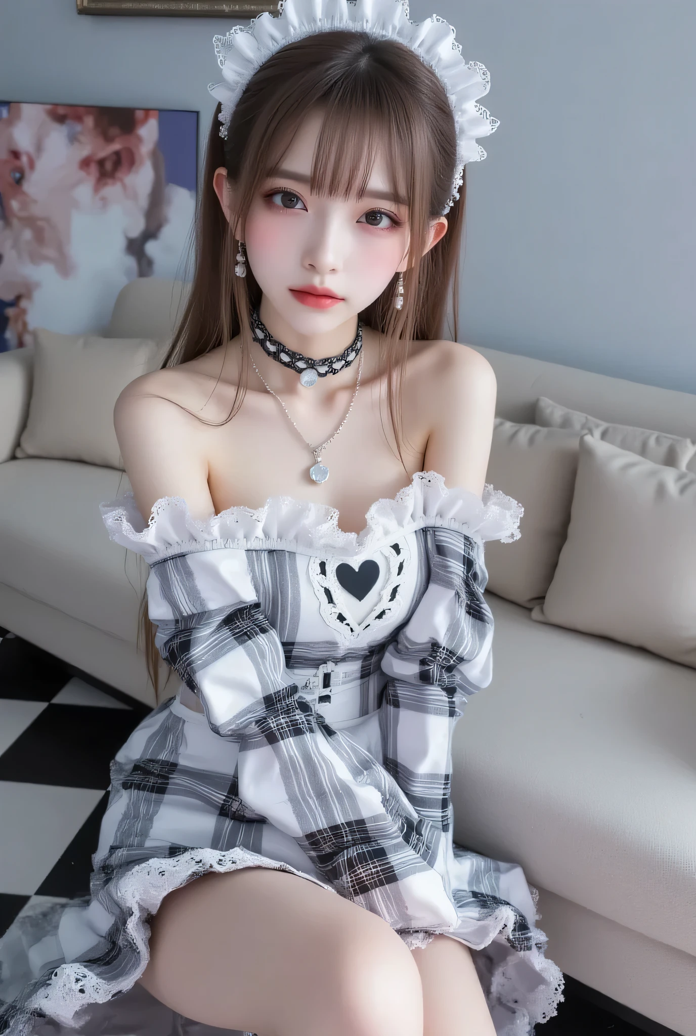 (full body:1.4)、(low angle shot:1.4)、(masterpiece、 best quality 、 best quality )、((( live action )))、((beautiful dark blue eyes)),((dark blue big eyes)),beautiful Japanese girls 、petite body、1 person、((Off-the-shoulder top with a large white and black plaid chest hollowed out in a heart shape、 micro mini flare skirt with a plaid pattern and lace decoration on the hem with a small white apron decoration:1.4、 Black thigh high socks with lace leg rings on only one leg at the hem 、 Headband with lace decoration 、Lace decoration on the wrist 、 maid cosplay))、 Room with a painting on the sofa 、 Black and white plaid tile floor 、 、Hospitality scene