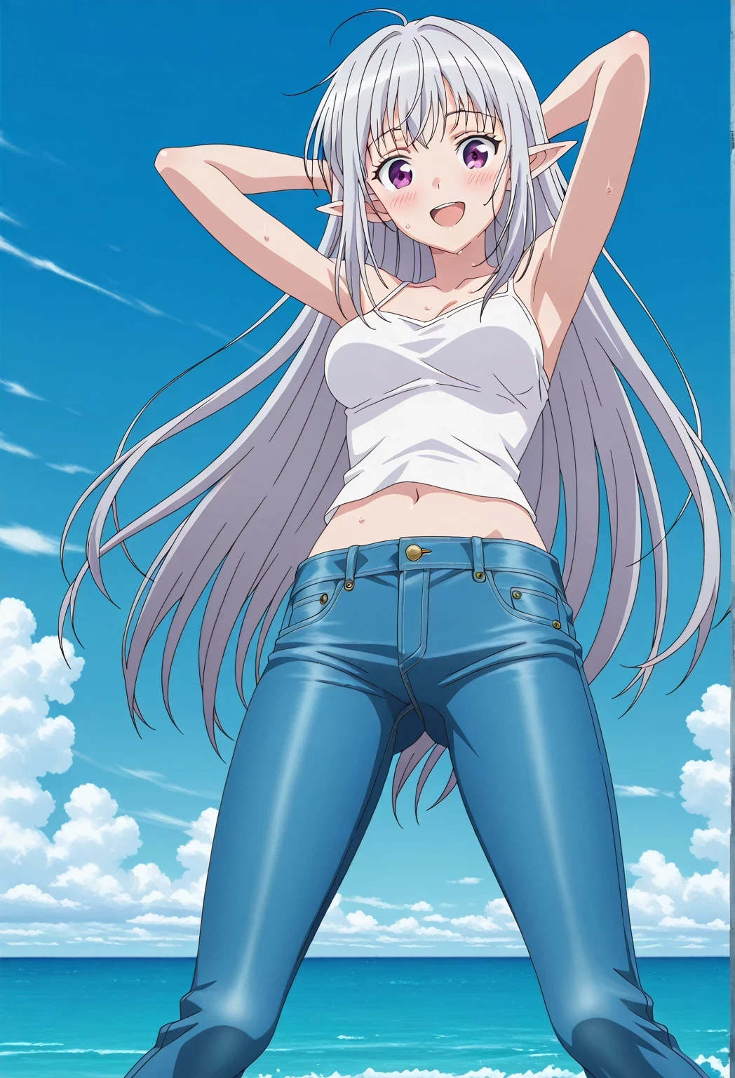 score_9, score_8_up, score_7_up, source_anime, highres, hi res, ((best quality, top quality, perfect quality, Highest Quality, amazing quality)), {{masterpiece}}, {{an extremely delicate and beautiful}}, 2d, intricate details, official style, anime, 8k, anime style, official_anime, official art, digital painting, cell shading, soft shading, high resolution, soothing tones, Subdued Color, Soft cinematic light, adobe lightroom, photolab, HDR, intricately and hyper-detailed, ((high quality animation)), 1 girl, Alone, solo, ((ocean)), tsunami, on the water, day, sunny, outdoors, sky, windy, mariabelle, long hair, very long hair, purple eyes, white hair, grey hair, pointy ears, elf, anime screencap, medium breasts, white camisole top, crop top, white crop top, best quality, hyper-detailed jeans, ((blue jeans:1.9)), (dark blue jeans:0.6), full medium body, medium shot, Open mouth, smiling, happy face, blush, sweat, standing, ((arms behind head:6.0)), bowlegged, jumping pose, action, looking at viewer, spread legs, Bend knees slightly, straight-on front view
