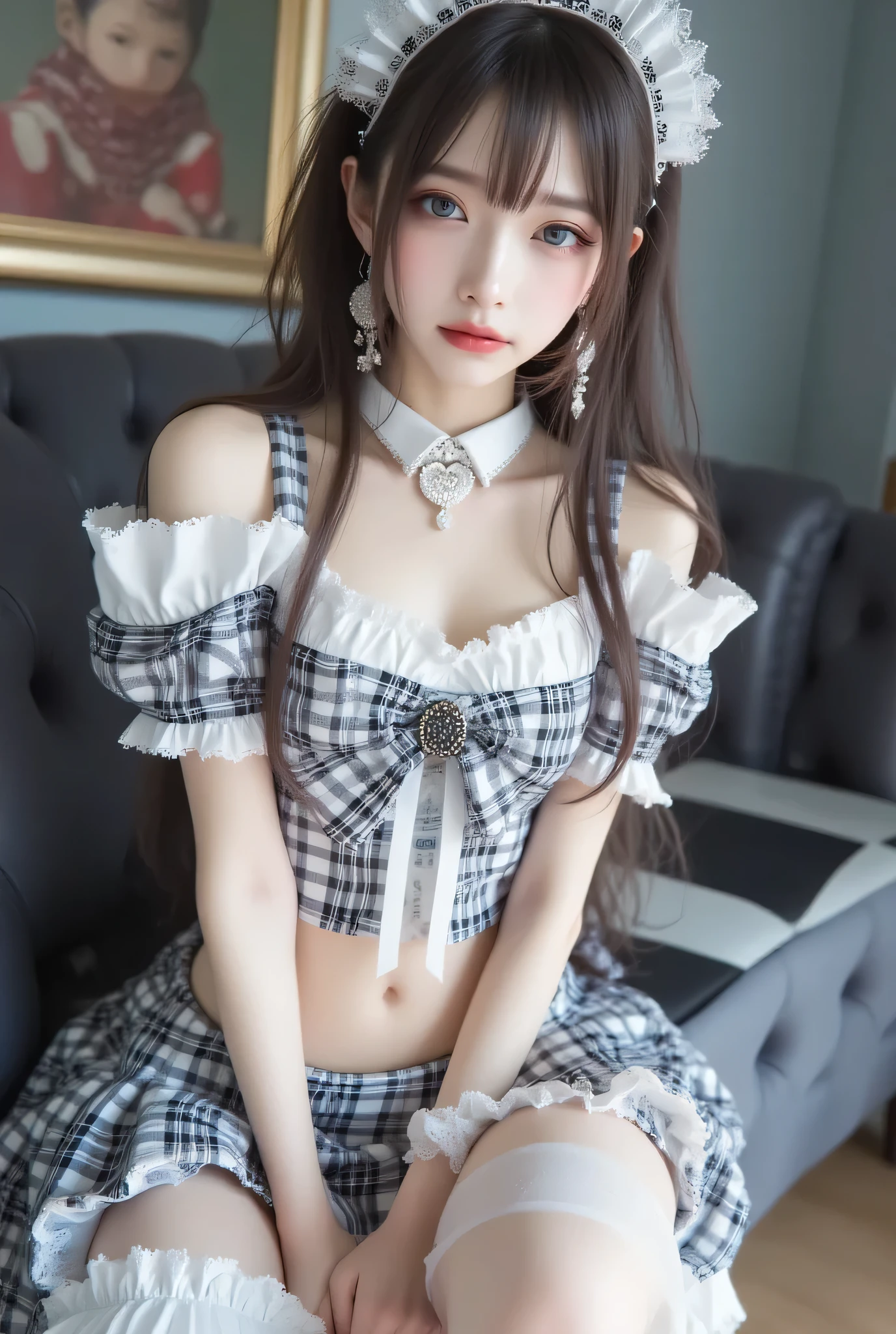 (full body:1.4)、(low angle shot:1.4)、(masterpiece、 best quality 、 best quality )、((( live action )))、((beautiful dark blue eyes)),((dark blue big eyes)),beautiful Japanese girls 、petite body、1 person、((Off-the-shoulder top with a large white and black plaid chest hollowed out in a heart shape、 micro mini flare skirt with a plaid pattern and lace decoration on the hem with a small white apron decoration:1.4、 Black thigh high socks with lace leg rings on only one leg at the hem 、 Headband with lace decoration 、Lace decoration on the wrist 、 maid cosplay))、 Room with a painting on the sofa 、 Black and white plaid tile floor 、 、Hospitality scene