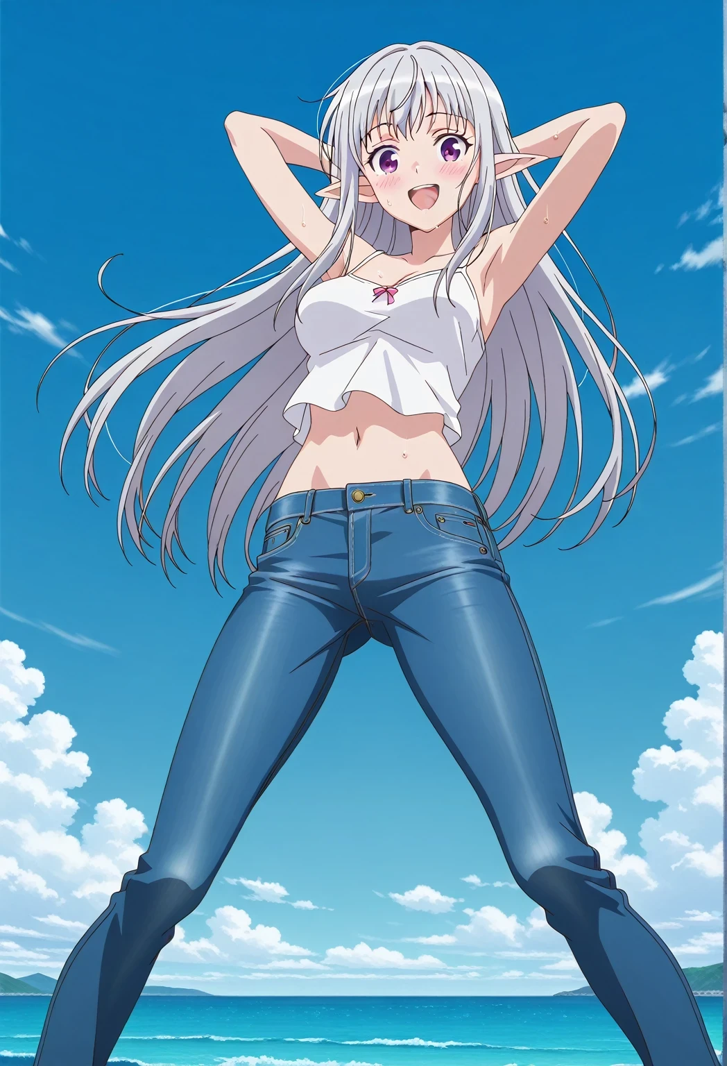 score_9, score_8_up, score_7_up, source_anime, highres, hi res, ((best quality, top quality, perfect quality, Highest Quality, amazing quality)), {{masterpiece}}, {{an extremely delicate and beautiful}}, 2d, intricate details, official style, anime, 8k, anime style, official_anime, official art, digital painting, cell shading, soft shading, high resolution, soothing tones, Subdued Color, Soft cinematic light, adobe lightroom, photolab, HDR, intricately and hyper-detailed, ((high quality animation)), 1 girl, Alone, solo, ((ocean)), tsunami, on the water, day, sunny, outdoors, sky, windy, mariabelle, long hair, very long hair, purple eyes, white hair, grey hair, pointy ears, elf, anime screencap, medium breasts, white camisole top, crop top, white crop top, best quality, hyper-detailed jeans, ((blue jeans:1.9)), (dark blue jeans:0.6), full medium body, medium shot, Open mouth, smiling, happy face, blush, sweat, standing, ((arms behind head:6.0)), bowlegged, jumping pose, action, looking at viewer, spread legs, Bend knees slightly, straight-on front view