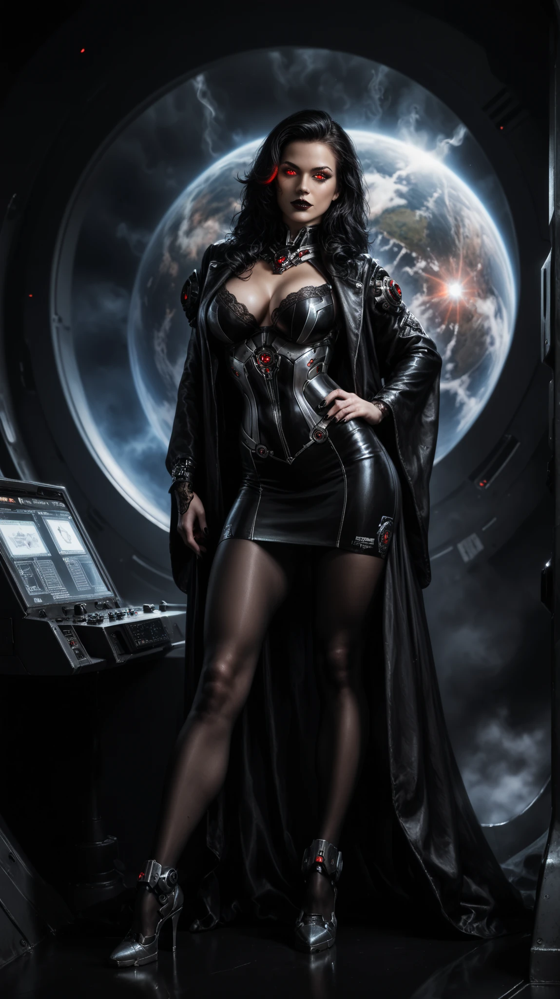 Realistic image, photorealistic, high quality, realistic,
(Image of a beautiful woman with a curvy body), full-length shot.
Head: Nicole Kidman's face, long hair, makeup, dark eyeliner, red eyes, glowing eyes, cybernetics on her face.
Body: cybernetic skirt, cybernetic top, black cybernetic robe, entire body shrouded in black smoke.
Setting: Inside a dark spaceship, surrounded by dark matter, space outside the window, holographic screens built into the walls, surrounded by black smoke, dim light from instruments, no lighting.
Action: Posing powerfully while standing, hips apart, one hand on hip, the other on her knee.
Gothic science fiction, dark fantasy, dark science fiction, gothic fantasy.