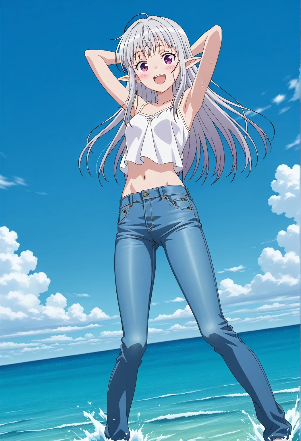 score_9, score_8_up, score_7_up, source_anime, highres, hi res, ((best quality, top quality, perfect quality, Highest Quality, amazing quality)), {{masterpiece}}, {{an extremely delicate and beautiful}}, 2d, intricate details, official style, anime, 8k, anime style, official_anime, official art, digital painting, cell shading, soft shading, high resolution, soothing tones, Subdued Color, Soft cinematic light, adobe lightroom, photolab, HDR, intricately and hyper-detailed, ((high quality animation)), 1 girl, Alone, solo, ((ocean)), tsunami, on the water, day, sunny, outdoors, sky, windy, mariabelle, long hair, purple eyes, white hair, grey hair, pointy ears, elf, anime screencap, small breasts, white camisole top, crop top, white crop top, best quality, hyper-detailed jeans, ((blue jeans:1.9)), (dark blue jeans:0.6), full medium body, medium shot, Open mouth, smiling, happy face, blush, sweat, standing, ((arms behind head:6.0)), bowlegged, jumping pose, action, looking at viewer, spread legs, Bend knees slightly, straight-on front view