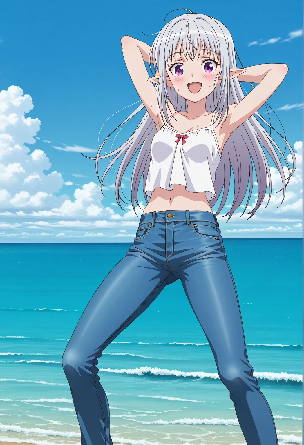 score_9, score_8_up, score_7_up, source_anime, highres, hi res, ((best quality, top quality, perfect quality, Highest Quality, amazing quality)), {{masterpiece}}, {{an extremely delicate and beautiful}}, 2d, intricate details, official style, anime, 8k, anime style, official_anime, official art, digital painting, cell shading, soft shading, high resolution, soothing tones, Subdued Color, Soft cinematic light, adobe lightroom, photolab, HDR, intricately and hyper-detailed, ((high quality animation)), 1 girl, Alone, solo, ((ocean)), tsunami, on the water, day, sunny, outdoors, sky, windy, mariabelle, long hair, purple eyes, white hair, grey hair, pointy ears, elf, anime screencap, small breasts, white camisole top, crop top, white crop top, best quality, hyper-detailed jeans, ((blue jeans:1.9)), (dark blue jeans:0.6), full medium body, medium shot, Open mouth, smiling, happy face, blush, sweat, standing, ((arms behind head:6.0)), bowlegged, jumping pose, action, looking at viewer, spread legs, Bend knees slightly, straight-on front view