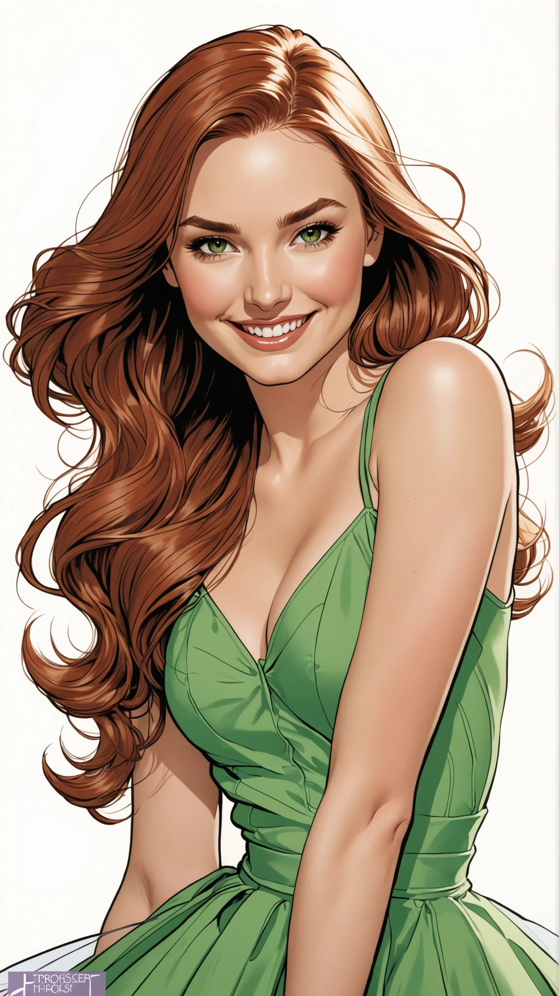 (comics 1.2)(j Scott Campbell)Liana liberato (smiling)(very very pretty)(very very sexy)(magnificent long red hair)(very beautiful short green spring dress with very low cut thin straps)(with a skirt and petticoat underneath that sticks out, very very transparent skirt and petticoat revealing her bare legs in transparency)(very beautiful sexy breasts)(very beautiful very generous chest)(brown sandals)(sexy lascivious dynamic pose)(bust portrait) (corps entier)({{x}} )Œuvre d'art, La plus haute qualité)),(bandes dessinées 1. )(Peinture numérique ArtStation), ((corps entier)), pose hyper sexy très dynamique ,4k ultra hd , haute qualité,detailed painting hyper realistic