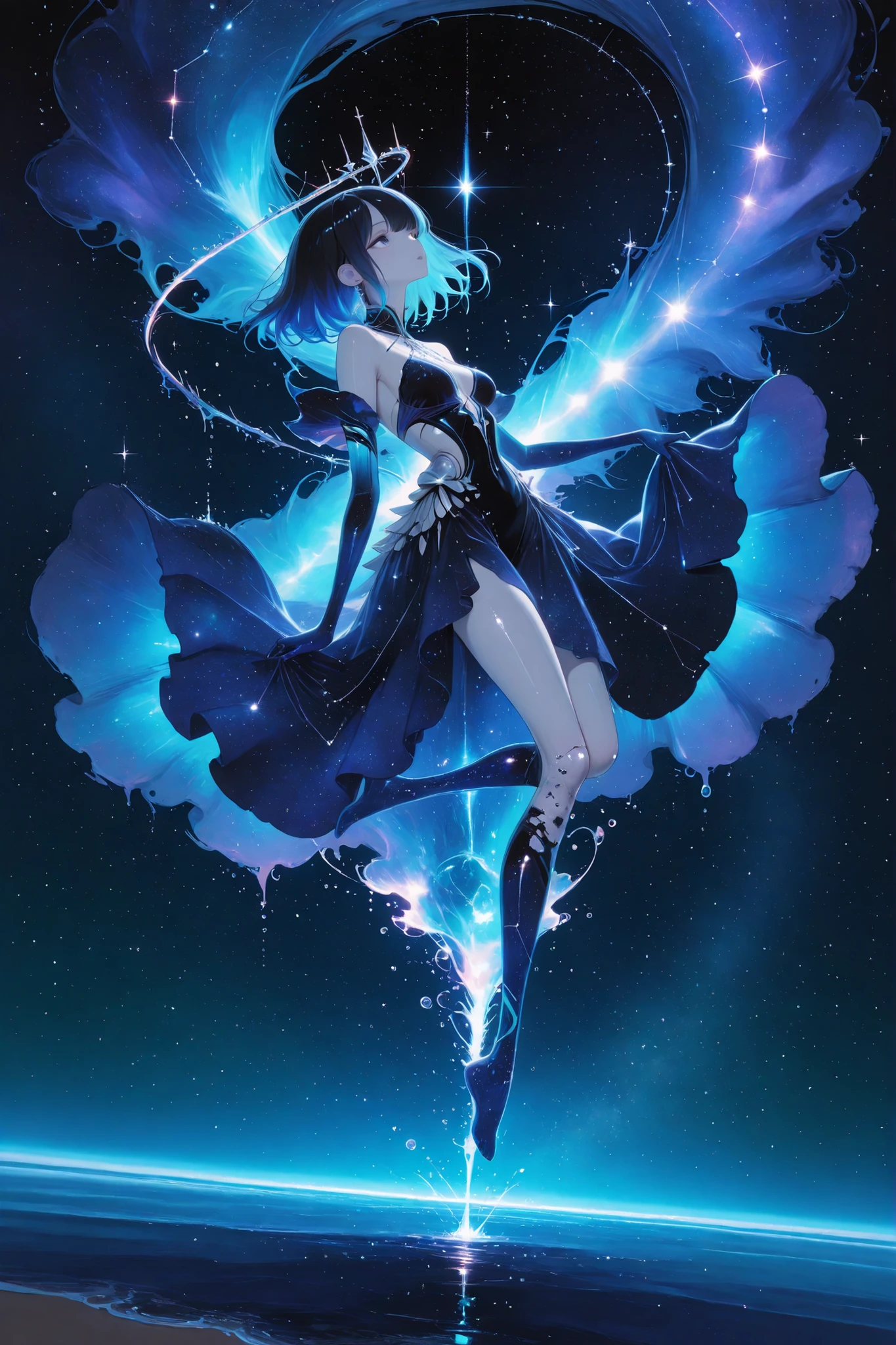 (masterpiece, Highest Quality, ultra-detailed anime-style digital painting),  
1girl, A beautiful girl who embodies the constellation Aquarius, Graceful ethereal,  
((I'm holding my knee and floating in the air))、
long black hair with sparkling silver-blue highlights, wears an elegant heavenly gown with layers of crystal clear aqua and deep indigo,
The liquid changes to a stream of light and stardust drifts around the girl,  Soak in the ocean of space
A quiet and mysterious look, Thin open eyes, eyes reflecting the galaxy,  
  
Background: A vast starry sky and constellations, 
fantastic atmosphere, mystical elegance, 
no text, No watermark
