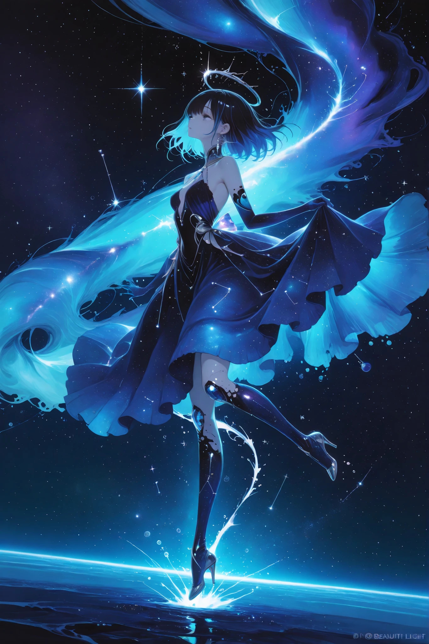 (masterpiece, Highest Quality, ultra-detailed anime-style digital painting),  
1girl, A beautiful girl who embodies the constellation Aquarius, Graceful ethereal,  
((I'm holding my knee and floating in the air))、
long black hair with sparkling silver-blue highlights, wears an elegant heavenly gown with layers of crystal clear aqua and deep indigo,
The liquid changes to a stream of light and stardust drifts around the girl,  Soak in the ocean of space
A quiet and mysterious look, Thin open eyes, eyes reflecting the galaxy,  
  
Background: A vast starry sky and constellations, 
fantastic atmosphere, mystical elegance, 
no text, No watermark