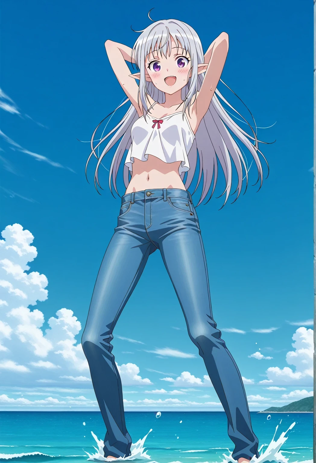 score_9, score_8_up, score_7_up, source_anime, highres, hi res, ((best quality, top quality, perfect quality, Highest Quality, amazing quality)), {{masterpiece}}, {{an extremely delicate and beautiful}}, 2d, intricate details, official style, anime, 8k, anime style, official_anime, official art, digital painting, cell shading, soft shading, high resolution, soothing tones, Subdued Color, Soft cinematic light, adobe lightroom, photolab, HDR, intricately and hyper-detailed, ((high quality animation)), 1 girl, Alone, solo, ((ocean)), tsunami, on the water, day, sunny, outdoors, sky, windy, mariabelle, long hair, purple eyes, white hair, grey hair, pointy ears, elf, anime screencap, small breasts, white camisole top, crop top, white crop top, best quality, hyper-detailed jeans, ((blue jeans:1.9)), (dark blue jeans:0.6), full medium body, medium shot, Open mouth, smiling, happy face, blush, sweat, standing, ((arms behind head:6.0)), bowlegged, jumping pose, action, looking at viewer, spread legs, Bend knees slightly, straight-on front view
