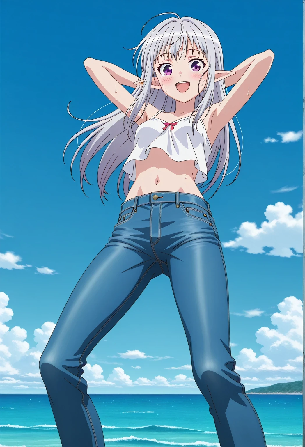 score_9, score_8_up, score_7_up, source_anime, highres, hi res, ((best quality, top quality, perfect quality, Highest Quality, amazing quality)), {{masterpiece}}, {{an extremely delicate and beautiful}}, 2d, intricate details, official style, anime, 8k, anime style, official_anime, official art, digital painting, cell shading, soft shading, high resolution, soothing tones, Subdued Color, Soft cinematic light, adobe lightroom, photolab, HDR, intricately and hyper-detailed, ((high quality animation)), 1 girl, Alone, solo, ((ocean)), tsunami, on the water, day, sunny, outdoors, sky, windy, mariabelle, long hair, purple eyes, white hair, grey hair, pointy ears, elf, anime screencap, small breasts, white camisole top, crop top, white crop top, best quality, hyper-detailed jeans, ((blue jeans:1.9)), (dark blue jeans:0.6), full medium body, medium shot, Open mouth, smiling, happy face, blush, sweat, standing, ((arms behind head:6.0)), bowlegged, jumping pose, action, looking at viewer, spread legs, Bend knees slightly, straight-on front view