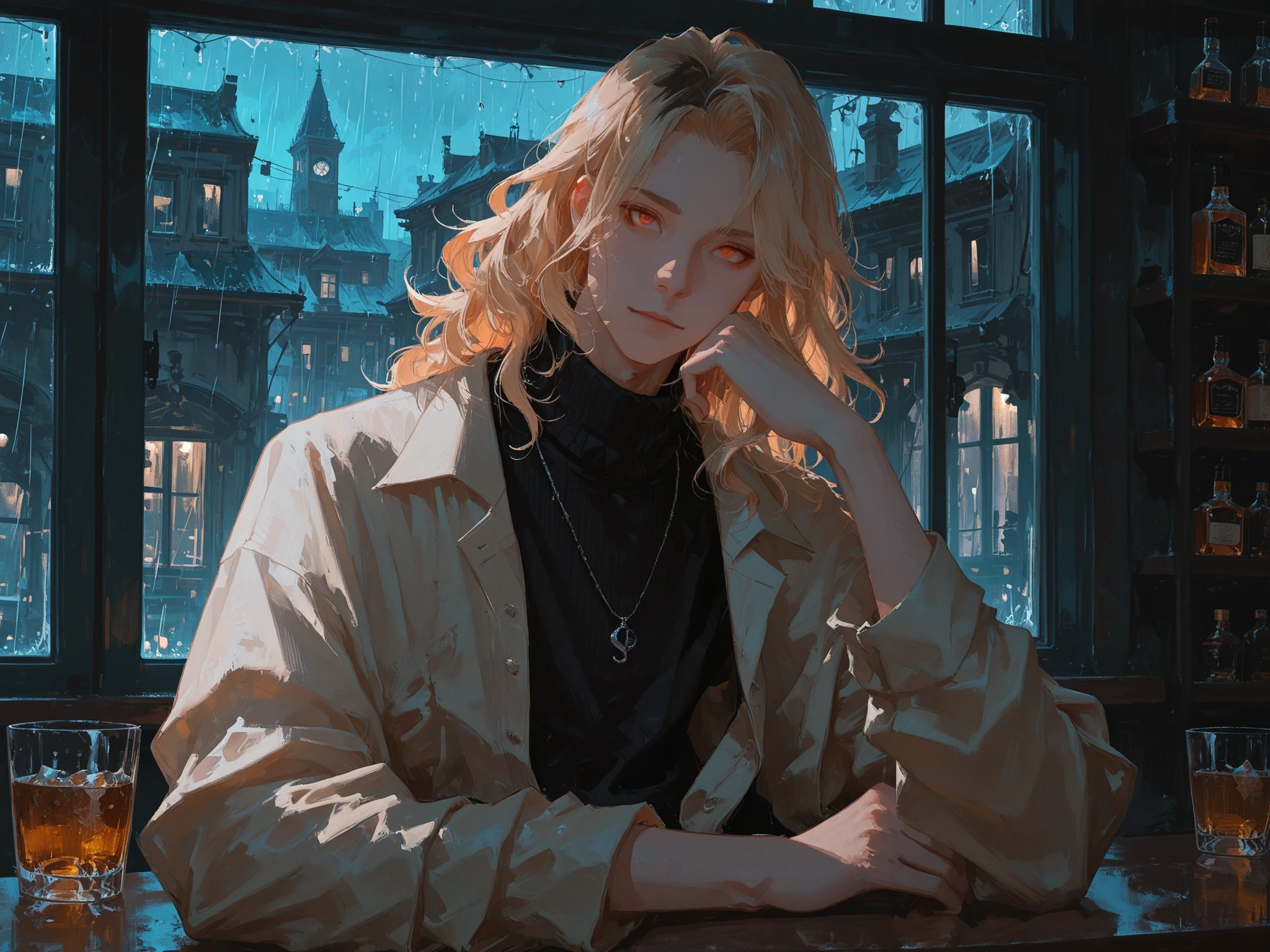 close up, front shot, looking at viewers, makes an aesthetic, Master piece, Best Quality, ultra detailed, (a handsome men:1.6), solo, male medium dull-blonde hair, male wavy hair, orange eyes, male curtain hair, (male black turtleneck shirt with untucked:1.4), no collard shirts, a simple necklace, a simple pierce, cheek on hand, a whiskey glass, stylish bar, big window in background, raining, night