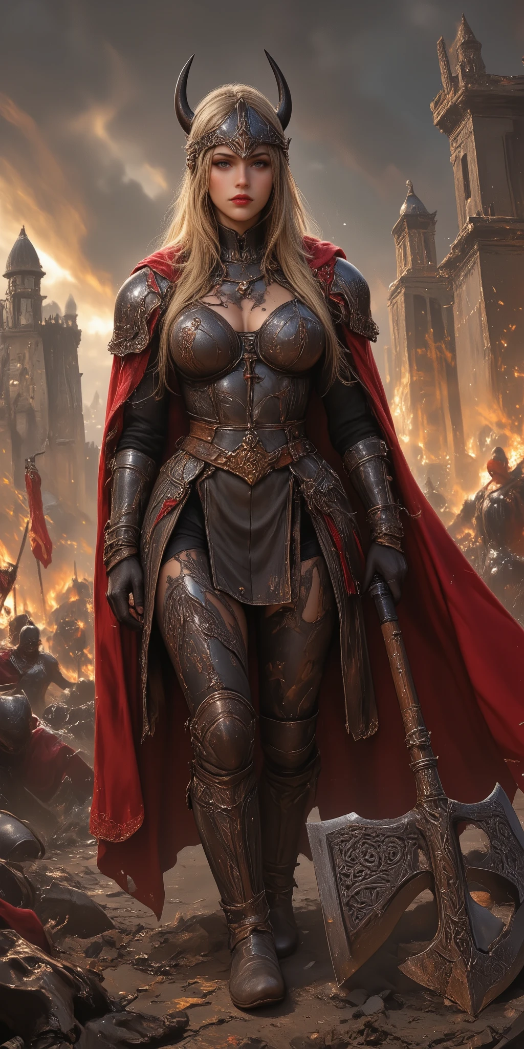 "A fierce female Viking warrior standing confidently on a smoky battlefield. She wears a dark, intricately detailed horned helmet and a full set of ornate, battle-worn steel armor with sculpted chest plating and leather straps. Her long, flowing blonde hair streams out from beneath her helmet. A vibrant, tattered red cape billows behind her in the wind. She grips a large, double-bladed battle axe with engraved Nordic designs in her right hand, its blade resting on the ground. Her armored boots are heavy and menacing, stepping through rubble and fallen enemies. The background is a stormy, war-torn sky with fire and debris swirling through the air, evoking a dramatic, mythological atmosphere. High contrast, cinematic lighting, epic fantasy art style, highly detailed, gritty realism, concept art."