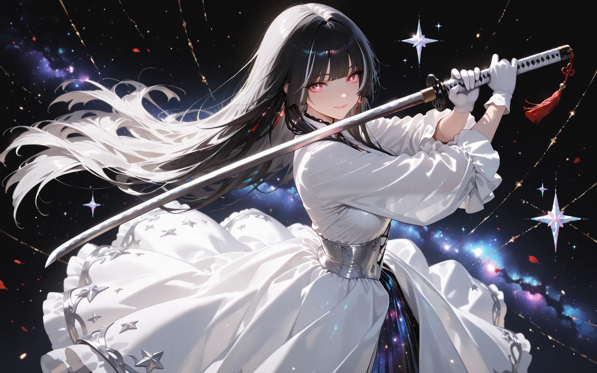 Masterpiece, toy, excellent quality, very aesthetic, costumes, extremely detailed, costumes bất thường, latest,a girl,light red eyes,black hair, hair highlights, hime cut, long silver hair, smooth hair , Starry eye, abstract, GLOVES , dress, smile, holding a katana, ready to strike