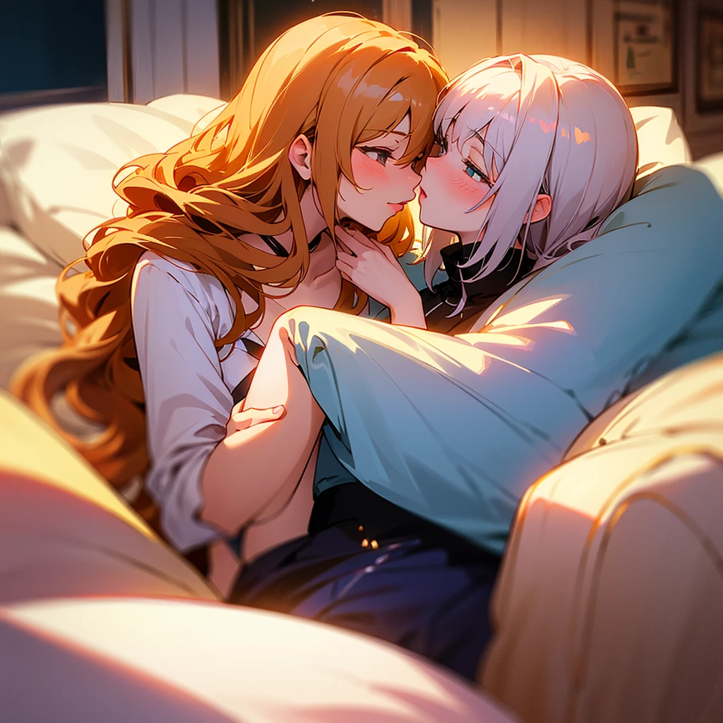 masterpiece, detailed, (power:1.2), blonde hair, horns, hair between eyes, closed eyes, open mouth, sharp teeth, (laying on a bed, wearing  on, sleep), warm sunlight from windows