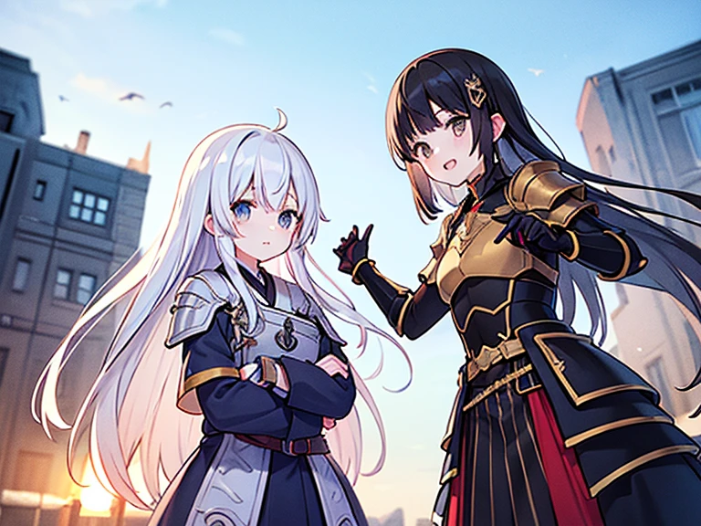 An anime girl, clad in military uniform with impeccable fire resistance, stood before a majestic princess. Her facial features were intricately detailed, expressing her mentally strong demeanor. The princess, bathed in elegant lighting, wore a grand gown, her regal expression mirroring the girl's determination. The scene, rendered in high resolution, was a testament to the beauty and aesthetics of this formidable duo.