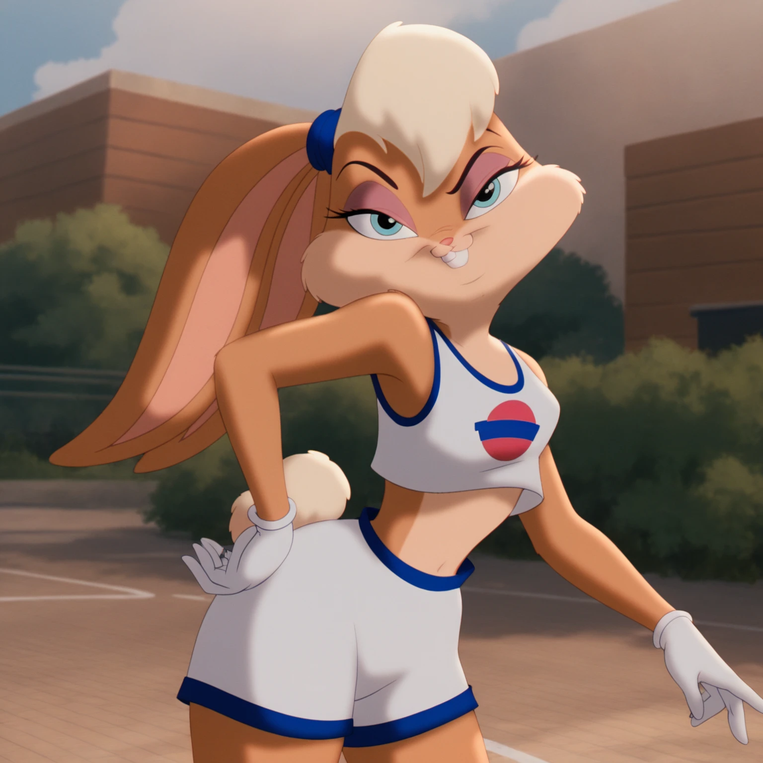 lolabunny, 1girl, solo, furry female, rabbit ears, rabbit girl, animal nose, crop top,white gloves,,looking back,   blue eyes, body fur, standing, tail sleeveless,white shorts, buck teeth,cowboy shot,smile,looking at viewer, outdoors, score_9, score_8_up, score_7_up, score_6_up, score_5_up, score_4_up   