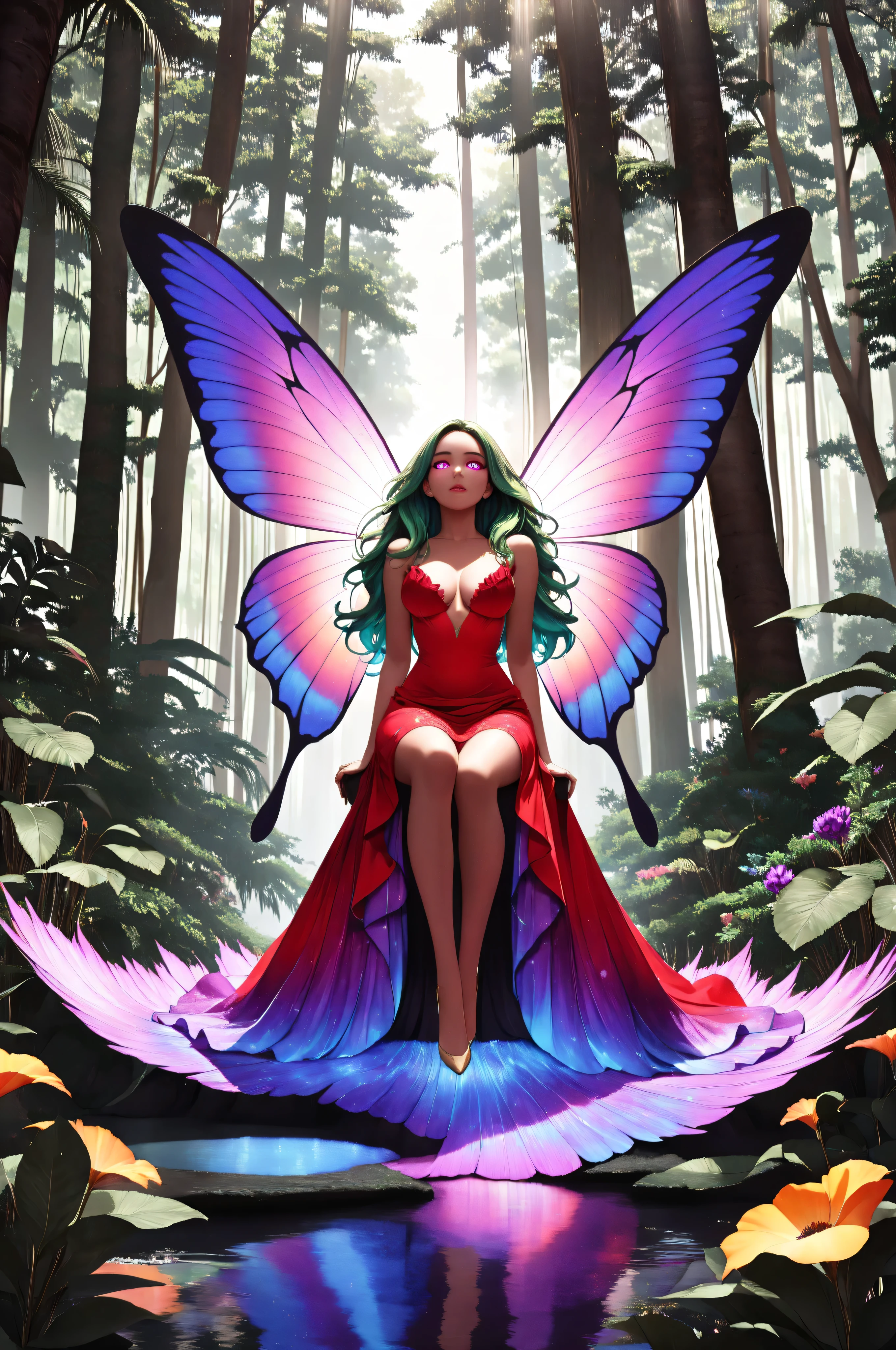 aidmaMJ6.1, Masterpiece , best quality , absurd res ,a picture of a jungle fairy, an extraordinary beautiful, elegant beauty, divine beautiful fairy, spread butterfly wings, blue and purple wings, pink eyes, glowing eyes, best detailed face,  green hair, rich hair, wavy hair, flower themed dress, wild dress, red dress,  dress decorated with flowers,  sitting on massive heliconia tree the rain forest, sun rays coming through the trees, Hyperrealism style, vibrant, Ultra-high resolution, High Contrast, (masterpiece:1.5), highest quality, Best aesthetics), best details, best quality, highres, ultra wide angle, 16k, [ultra detailed], masterpiece, best quality, (extremely detailed) RAW, 