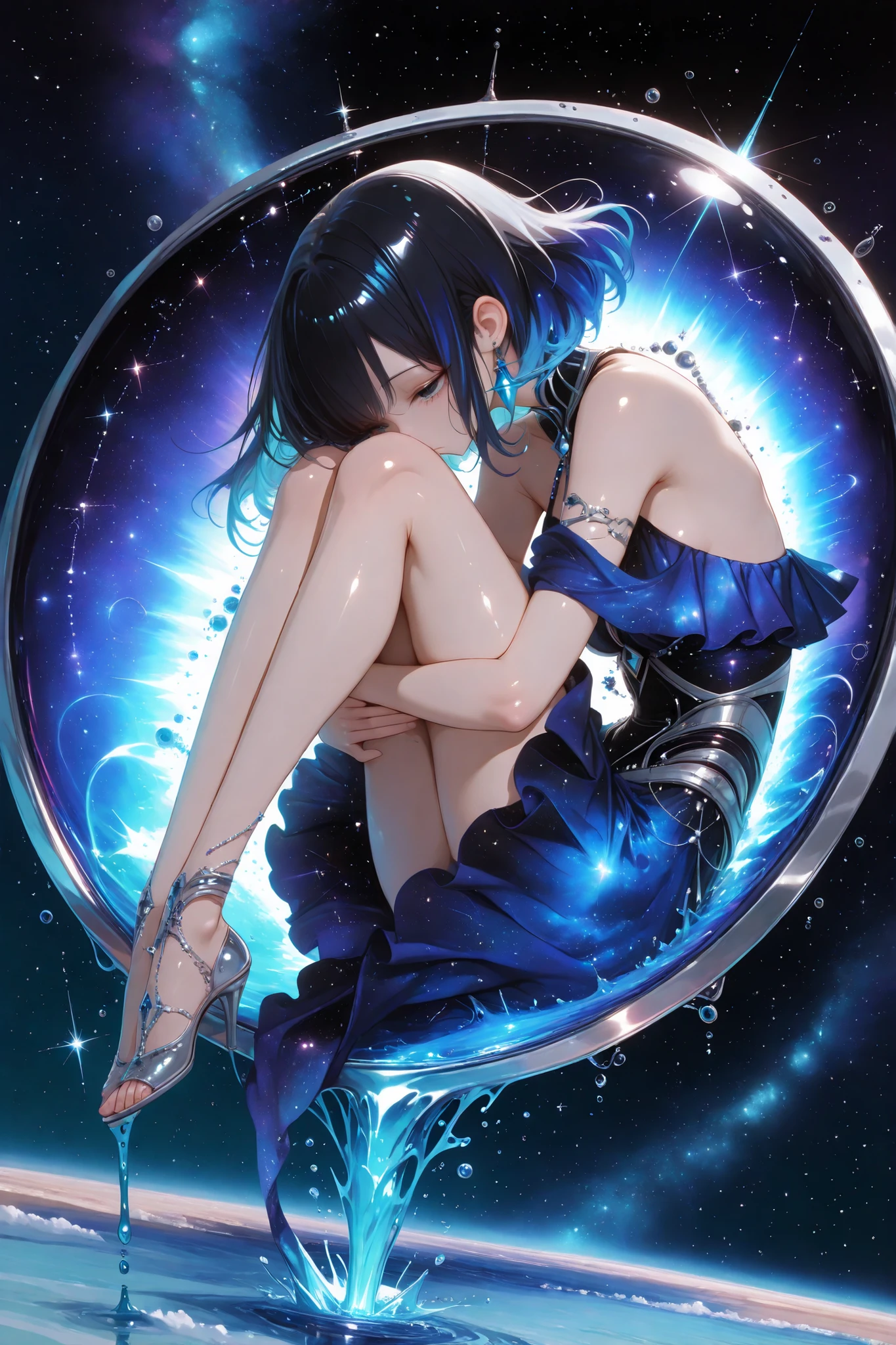 (masterpiece, Highest Quality, ultra-detailed anime-style digital painting),  
1girl, A beautiful girl who embodies the constellation Aquarius, Graceful ethereal,  
((I'm holding my knees, curled up, and floating in the air))、
long black hair with sparkling silver-blue highlights, wears an elegant heavenly gown with layers of crystal clear aqua and deep indigo,
The liquid changes to a stream of light and stardust drifts around the girl,  Soak in the ocean of space
A quiet and mysterious look, Thin open eyes, eyes reflecting the galaxy,  
  
Background: A vast starry sky and constellations, 
fantastic atmosphere, mystical elegance, 
no text, No watermark