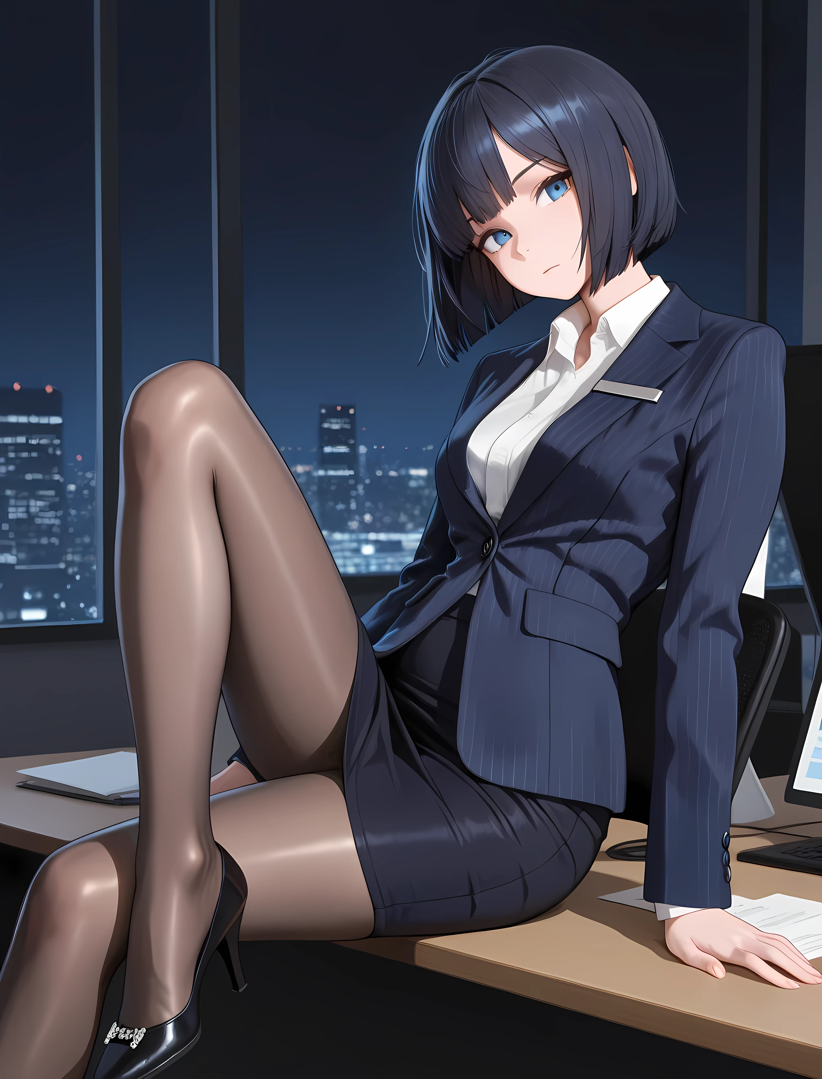with nsfwr:lazy position,masterpiece,Highest Quality,great quality,
1girl, solo,
dark haired,Blue Eyes,Bob_ cut, Brandt _Bang,
office for 1 day lady suit,dark blue pinstripe jacket,white collared shirt,long sleeves,Dark Blue Pencil Skirt,
brown minte pantyhose,High-quality fabric,
Black High Heels,
cowboy_shot,
sitting,looking for_in_viewer, above the crossed _foot,shoes_,from_Down,DISDYNE,Tilt_Back,
office for 1 day,office for 1 day_chairs,night,