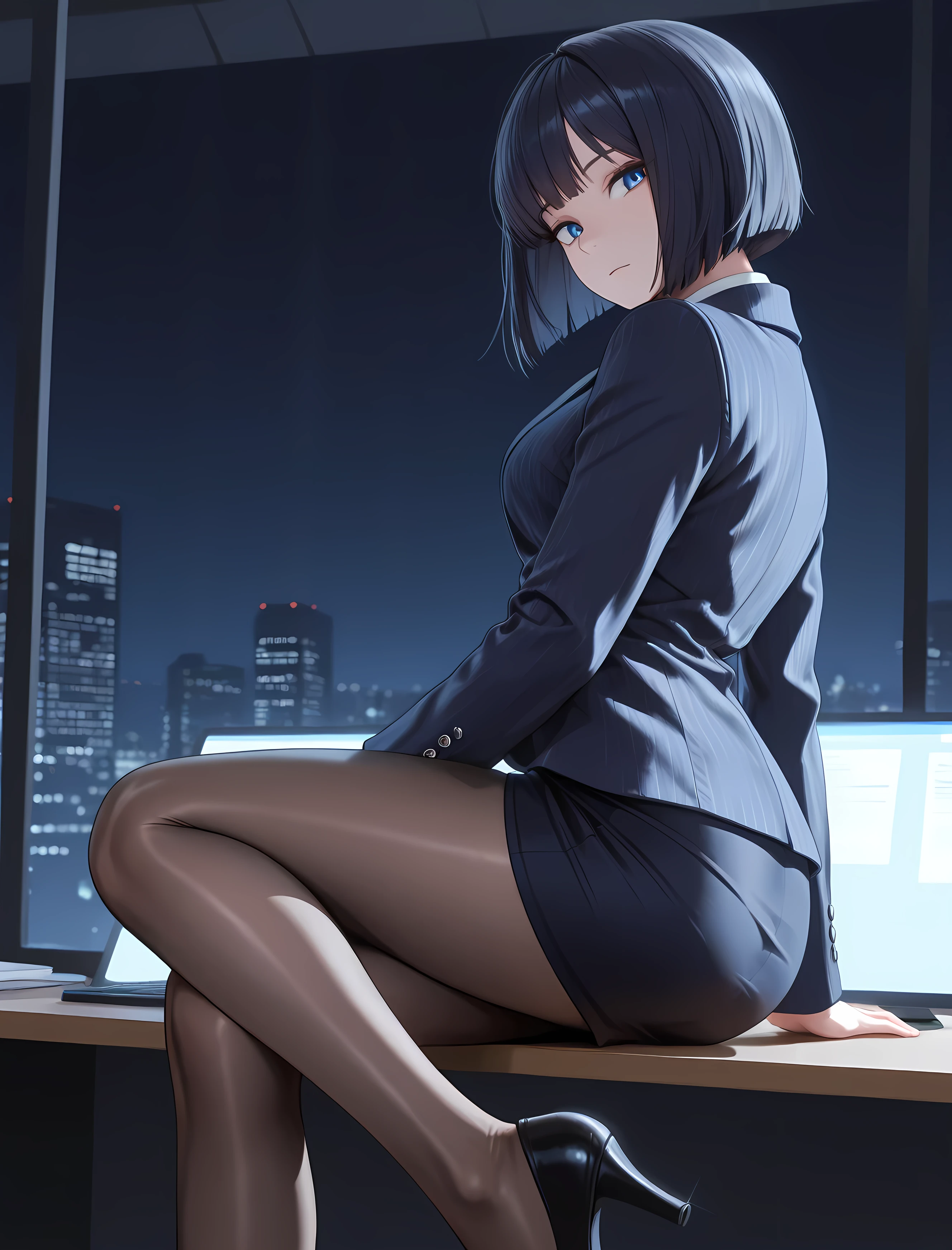 with nsfwr:lazy position,masterpiece,Highest Quality,great quality,
1girl, solo,
dark haired,Blue Eyes,Bob_ cut, Brandt _Bang,
office for 1 day lady suit,dark blue pinstripe jacket,white collared shirt,long sleeves,Dark Blue Pencil Skirt,
brown minte pantyhose,High-quality fabric,
Black High Heels,
cowboy_shot,
sitting,looking for_in_viewer, above the crossed _foot,shoes_,from_Down,DISDYNE,Tilt_Back,
office for 1 day,office for 1 day_chairs,night,