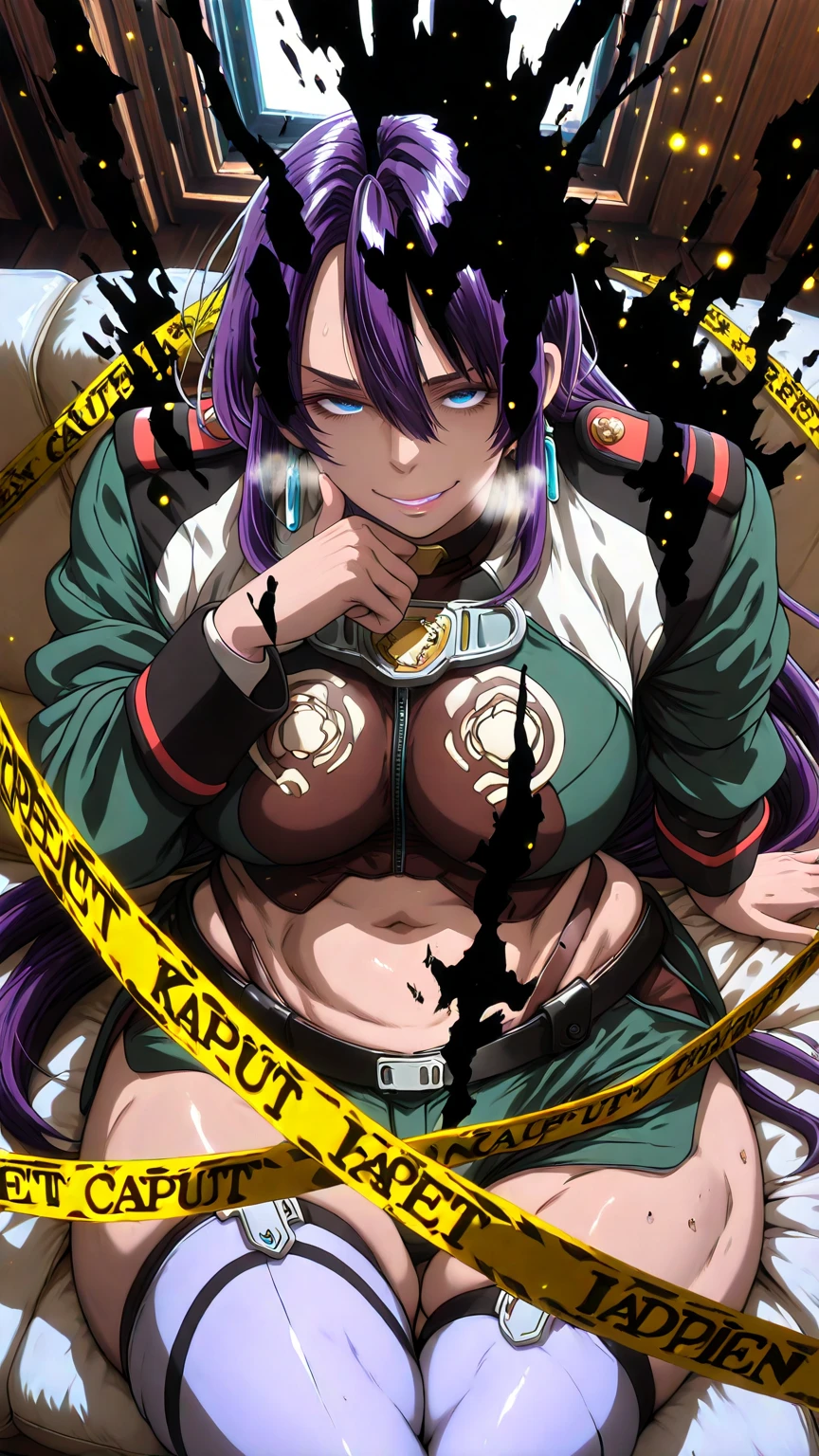 Ssp, L_Cation2, Babu-style, Hgk, (mana_(remana)-style:1.2), (butcha-u-style:1.3), (imizu_(nitro_unknown)-style:1.4), (gin_moku-style:1.2), (j.k.-style:1.3), (anime coloring, anime screencap), shiny skin, (voluptuous body:1.4), (mature female:1.4), (cellulite:1.3), ((vignetting)), ((anatomical correct)), ((Cinematic, unreal-engine, eye-catching, UHD, masterpiece)), ((perfect lighting, soft shadow)), perfect body, perfect eyes, perfect fingers, gasping, heavy breathing, gasping profusely, ((skindentation)), ((curvy)), arthur pencilgon, long hair, blue eyes, hair between eyes, very long hair, purple hair, long eyelashes, plump, (mature_female:1.5), ((solo, 1girl)), asticassia_school_uniform, crossed_legs, breasts, thighhighs, solo, shorts, school_uniform, sitting, couch, navel, jacket, white_thighhighs, smug, looking_at_viewer, halterneck, midriff, thighs, short_shorts, green_jacket, ((naughty face)), shaded face, dim lighting, ((disintegration)), from above, fishey, bokeh, caution tape