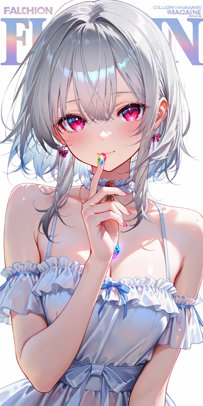 White Hair、Pink Eyes、Short Hair、laughing、Only one girl、alone、Cute、Face is close、Night、laughing、At the bed、Blushing、、Stick your tongue out、Sweating、Excited