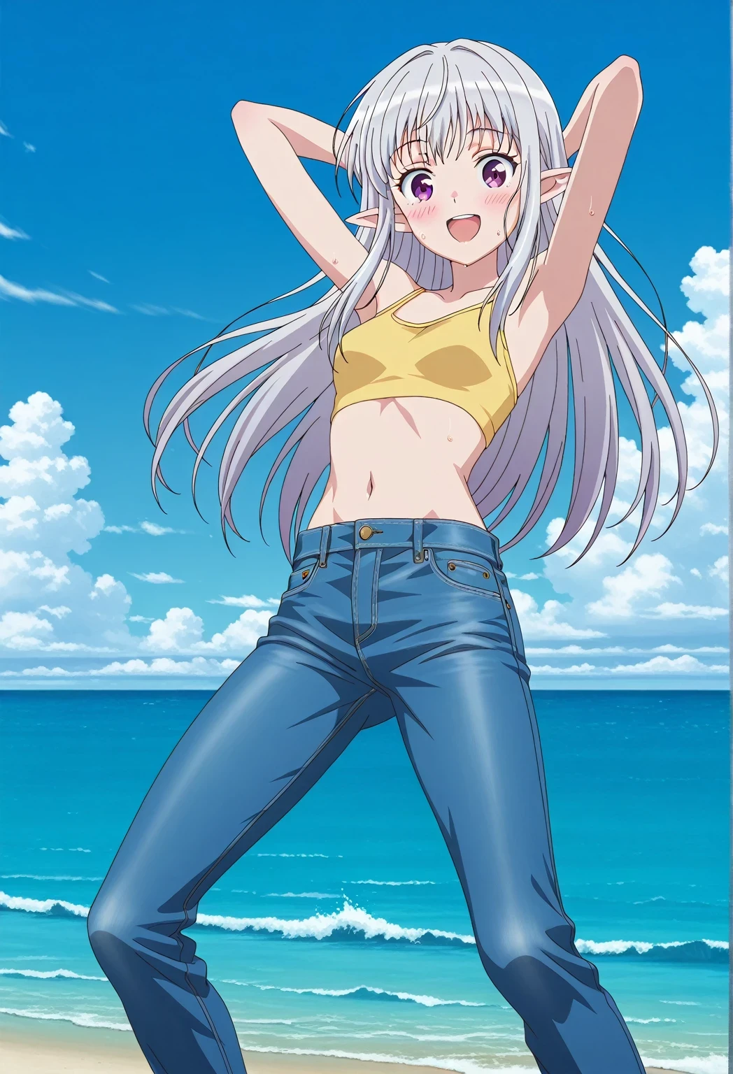 score_9, score_8_up, score_7_up, source_anime, highres, hi res, ((best quality, top quality, perfect quality, Highest Quality, amazing quality)), {{masterpiece}}, {{an extremely delicate and beautiful}}, 2d, intricate details, official style, anime, 8k, anime style, official_anime, official art, digital painting, cell shading, soft shading, high resolution, soothing tones, Subdued Color, Soft cinematic light, adobe lightroom, photolab, HDR, intricately and hyper-detailed, ((high quality animation)), 1 girl, Alone, solo, ((ocean)), tsunami, on the water, day, sunny, outdoors, sky, windy, mariabelle, long hair, purple eyes, white hair, grey hair, pointy ears, elf, anime screencap, small breasts, yellow bikini crop top, best quality, hyper-detailed jeans, ((blue jeans:1.9)), (dark blue jeans:0.6), full medium body, medium shot, Open mouth, smiling, happy face, blush, sweat, standing, ((arms behind head:6.0)), bowlegged, jumping pose, action, looking at viewer, spread legs, Bend knees slightly, straight-on front view