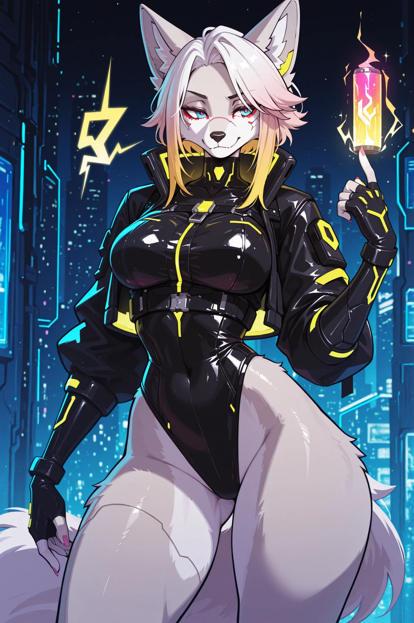 masterpiece, best quality, absurdres, newest, 1girl, cyberpunk girl, furry, furry female, anthro furry female arctic_fox, pinup high tech cyberpunk outfit, sexy pose, posing, scifiback, eerie green shimmer from contaminated mist , collapsible energy shield emitter worn on the forearm