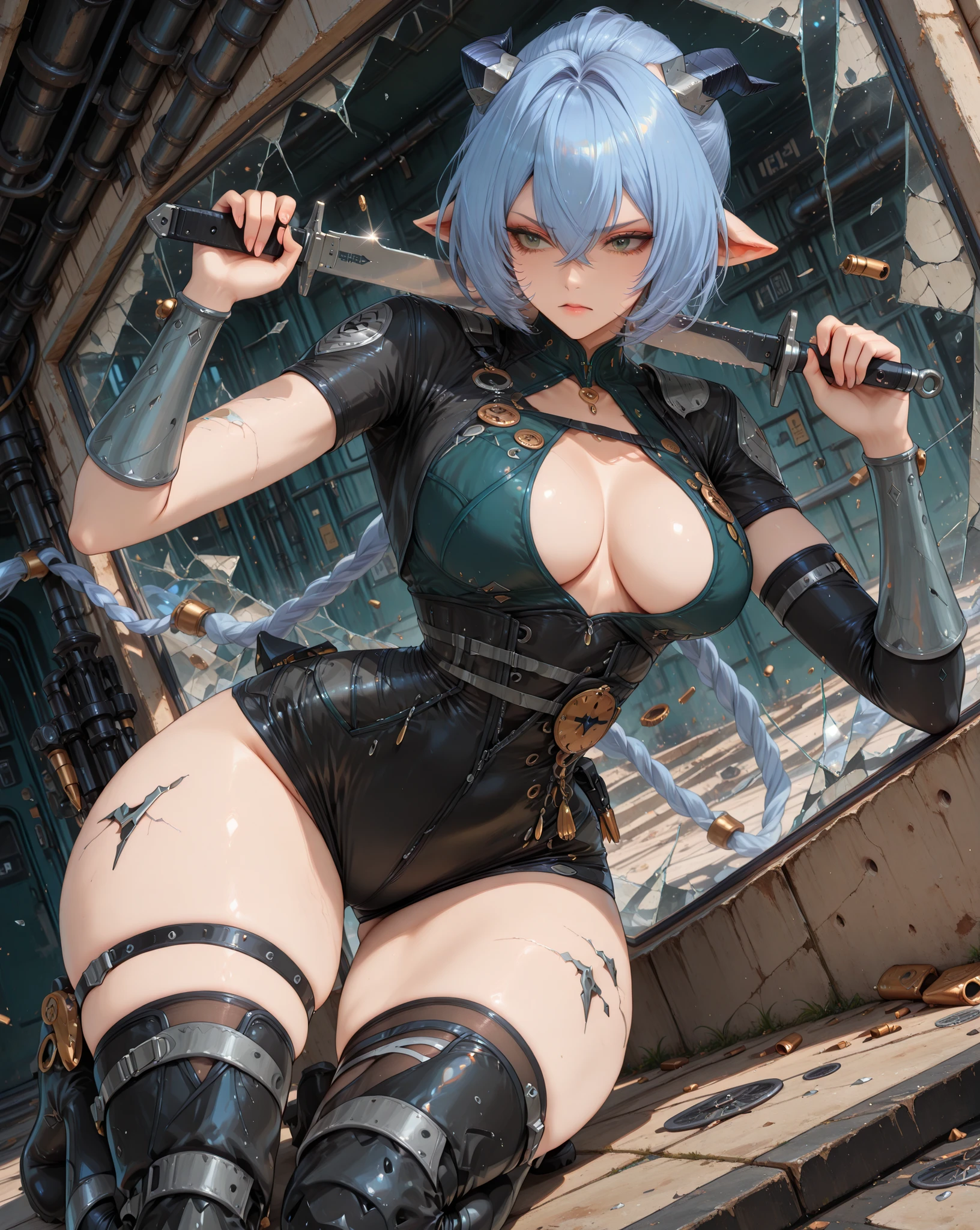 (masterpiece, best quality, ultra-detailed), (full body shot, character in frame, wide angle, dynamic pose, low angle shot), (1girl:1.2), short blue hair, hair between eyes, short goat horns on top of head, pointed ears, green eyes, unique outfit, cut-out top, one long sleeve, one short sleeve, black shorts, leg strap, torn thigh high stocking, knife on arm, high boots, (large breasts, small waist, wide hips:1.3), intense and agile expression, body twisted in a sharp turn, looking over shoulder, (action scene, blur of motion, shattered glass, urban combat)