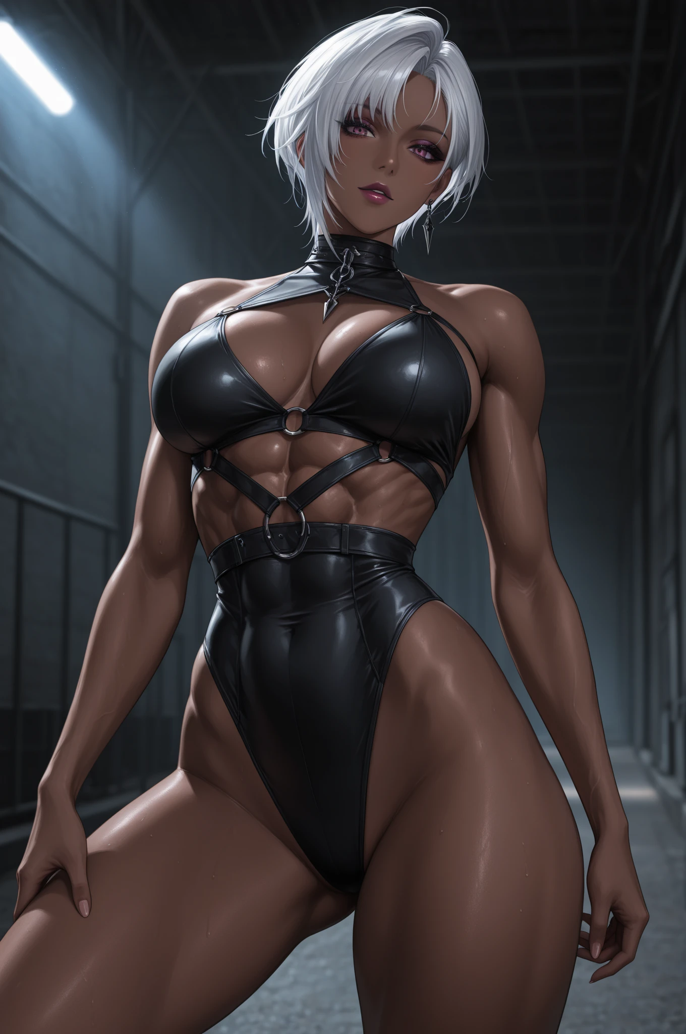 masterpiece, best quality, 1girl, t shirt, leather jacket, open jacket, skinny, smug, smirk, tomboy, drow, white hair, red eyes, pointy ears, grey skin, black skin, neon lights, city (((extremely detailed, extremely detailed legs, extremely detailed arms, extremely detailed face, perfectly detailed eyes, perfectly detailed ???????))): 1.2, solo, perspective, curved thighs, huge thighs, curvature, embarrassed smile, totally blushed, nervous, looking at the viewer, squatting, ???????????, wearing a long wizard robe, muscular toned, messy white hair, thigh highs, black ????? ??????, shirtless, blush, perspective, punk style, adventure backpack,