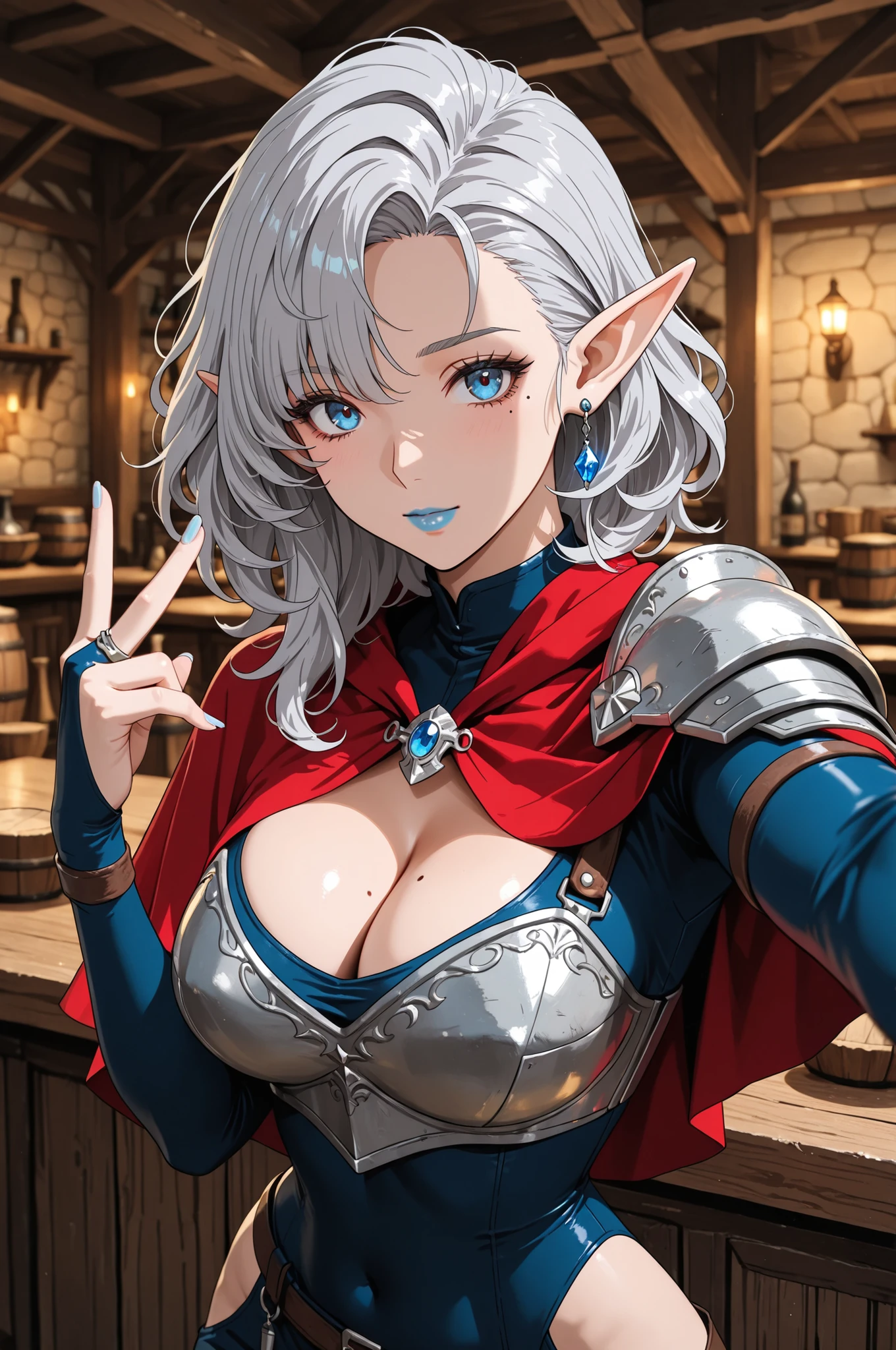 masterpiece,best quality,amazing quality,very awa,absurdres,newest,very aesthetic,depth of field,highres,
1girl, solo, elf, grey hair, medium hair, sidecut, asymmetrical hair, wavy hair, blue gemstone under eye, mole on , blue eyes, red capelet, shoulder armor, cleavage, hip vent, skin tight, breastplate, blue earrings, bridal gauntlets, blue , portrait, tavern, adventurer, selfie, light blue nails, light blue lips