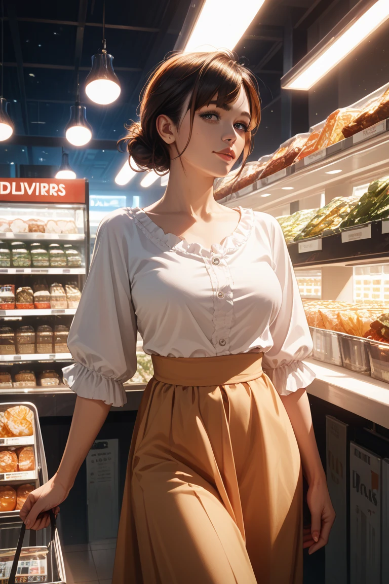 (8K, RAW photos, best quality, masterpiece:1.2), (realistic, photo-realistic:1.3)、((1 woman)), 20 year old Japanese woman with a beautiful face.、hair is gray、Eye color is dark blue, smile, high definition face, Curly short hair, (((bakery, display case window)), (((Looking back from the window wearing a balloon sleeve and jeans))), glowing skin, photometry, (((slim body))), Vivid colors, various postures,