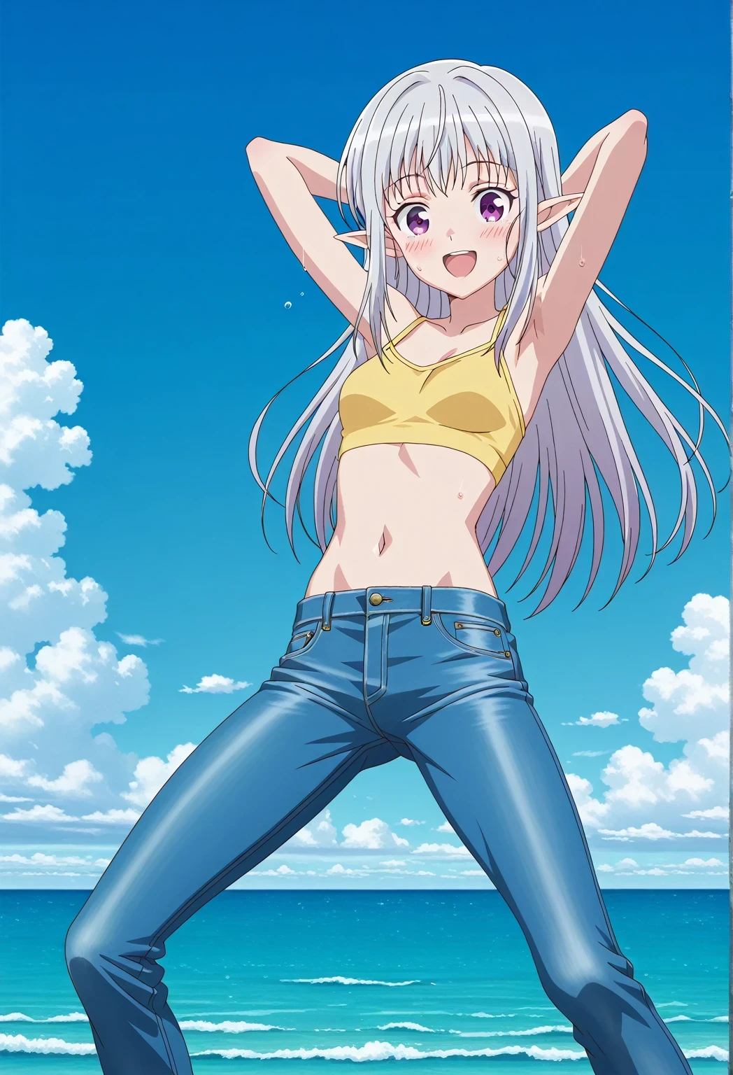 score_9, score_8_up, score_7_up, source_anime, highres, hi res, ((best quality, top quality, perfect quality, Highest Quality, amazing quality)), {{masterpiece}}, {{an extremely delicate and beautiful}}, 2d, intricate details, official style, anime, 8k, anime style, official_anime, official art, digital painting, cell shading, soft shading, high resolution, soothing tones, Subdued Color, Soft cinematic light, adobe lightroom, photolab, HDR, intricately and hyper-detailed, ((high quality animation)), 1 girl, Alone, solo, ((ocean)), tsunami, on the water, day, sunny, outdoors, sky, windy, mariabelle, long hair, purple eyes, white hair, grey hair, pointy ears, elf, anime screencap, small breasts, yellow bikini crop top, best quality, hyper-detailed jeans, ((blue jeans:1.9)), (dark blue jeans:0.6), full medium body, medium shot, Open mouth, smiling, happy face, blush, sweat, standing, ((arms behind head:6.0)), bowlegged, jumping pose, action, looking at viewer, spread legs, Bend knees slightly, straight-on front view