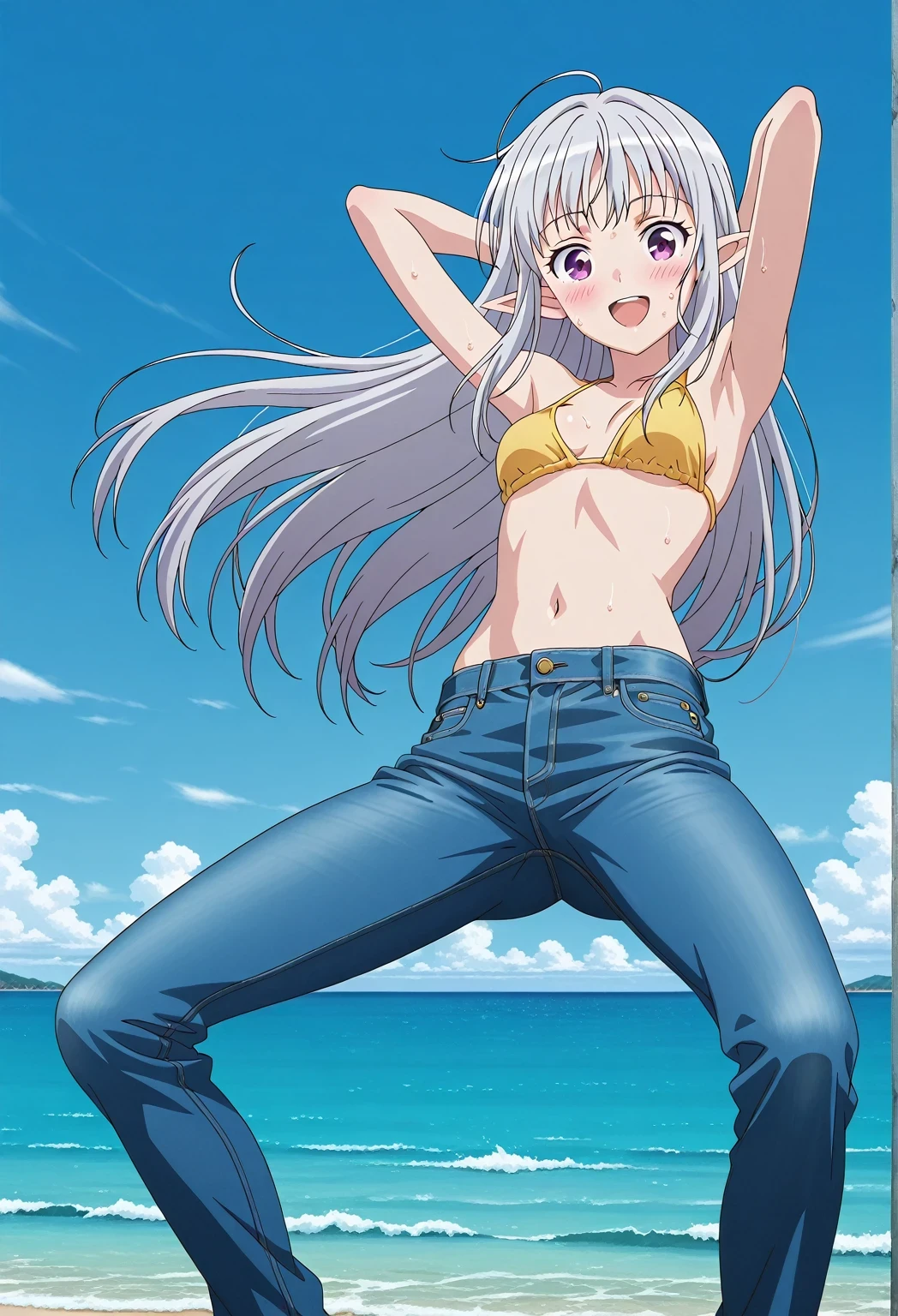 score_9, score_8_up, score_7_up, source_anime, highres, hi res, ((best quality, top quality, perfect quality, Highest Quality, amazing quality)), {{masterpiece}}, {{an extremely delicate and beautiful}}, 2d, intricate details, official style, anime, 8k, anime style, official_anime, official art, digital painting, cell shading, soft shading, high resolution, soothing tones, Subdued Color, Soft cinematic light, adobe lightroom, photolab, HDR, intricately and hyper-detailed, ((high quality animation)), 1 girl, Alone, solo, ((ocean)), tsunami, on the water, day, sunny, outdoors, sky, windy, mariabelle, long hair, purple eyes, white hair, grey hair, pointy ears, elf, anime screencap, small breasts, yellow bikini top, best quality, hyper-detailed jeans, ((blue jeans:1.9)), (dark blue jeans:0.6), full medium body, medium shot, Open mouth, smiling, happy face, blush, sweat, standing, ((arms behind head:6.0)), bowlegged, jumping pose, action, looking at viewer, spread legs, Bend knees slightly, straight-on front view
