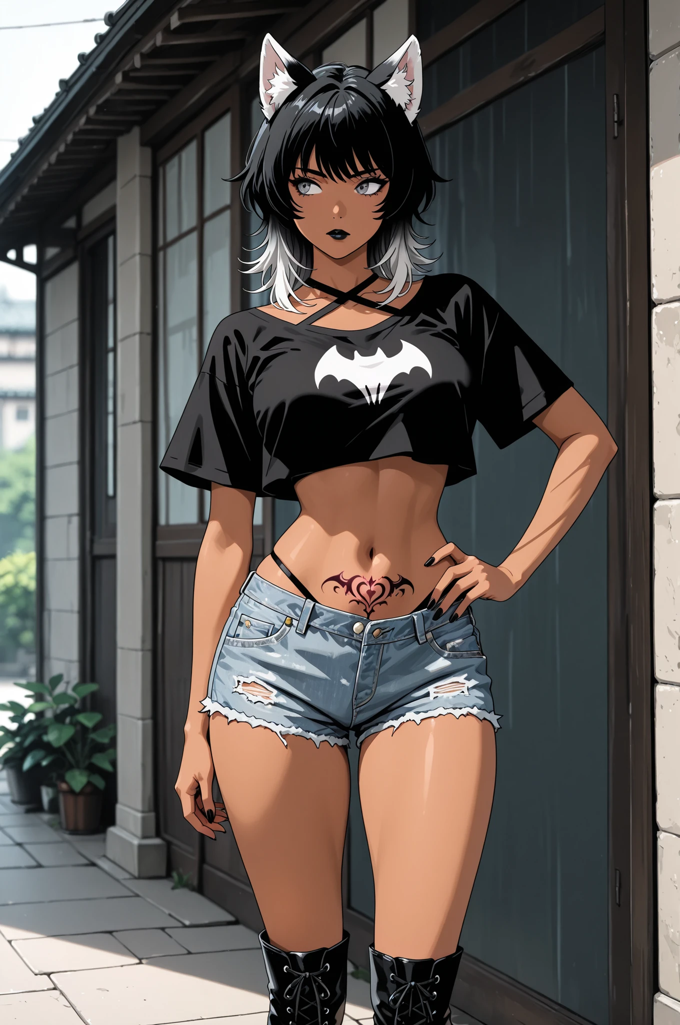 masterpiece,best quality,amazing quality,very awa,absurdres,newest,very aesthetic,depth of field,highres,
1girl,solo,wolf cut, dark skin, black hair, black lips, criss-cross strings,black crop top, denim shorts, white tips, gradient hair, cross-laced boots, hand on own hip, looking to the side, standing, posing, grey eyes, midriff, succubus print, pubic tattoo,