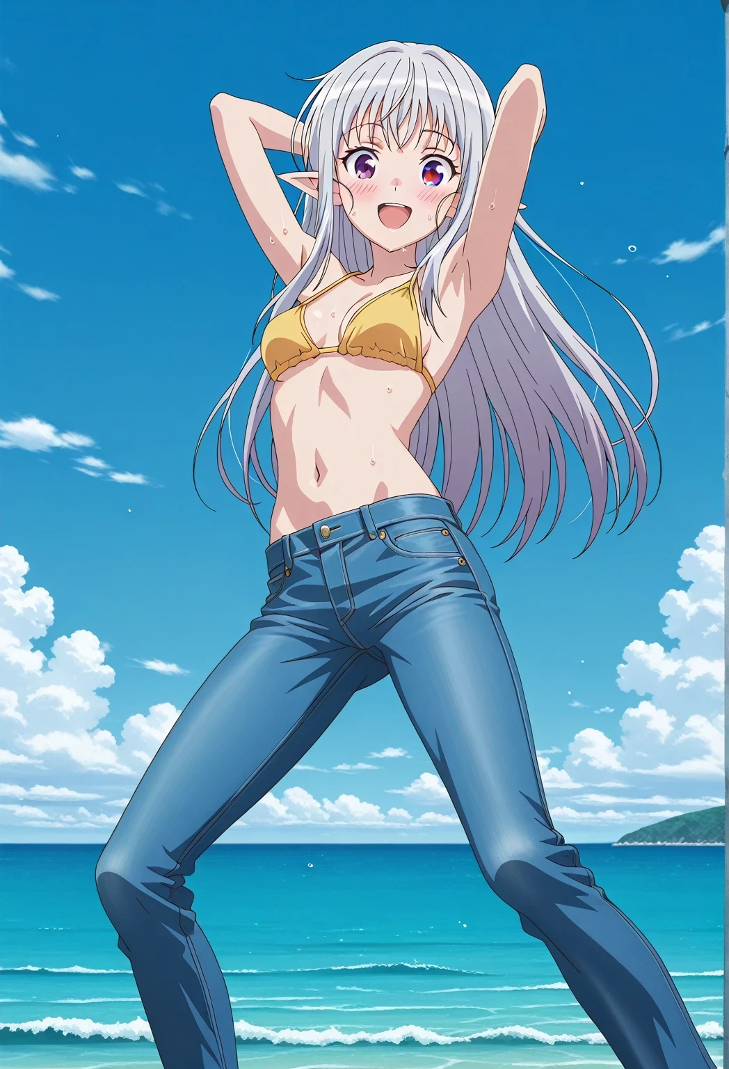 score_9, score_8_up, score_7_up, source_anime, highres, hi res, ((best quality, top quality, perfect quality, Highest Quality, amazing quality)), {{masterpiece}}, {{an extremely delicate and beautiful}}, 2d, intricate details, official style, anime, 8k, anime style, official_anime, official art, digital painting, cell shading, soft shading, high resolution, soothing tones, Subdued Color, Soft cinematic light, adobe lightroom, photolab, HDR, intricately and hyper-detailed, ((high quality animation)), 1 girl, Alone, solo, ((ocean)), tsunami, on the water, day, sunny, outdoors, sky, windy, mariabelle, long hair, purple eyes, white hair, grey hair, pointy ears, elf, anime screencap, small breasts, yellow bikini top, best quality, hyper-detailed jeans, ((blue jeans:1.9)), (dark blue jeans:0.6), full medium body, medium shot, Open mouth, smiling, happy face, blush, sweat, standing, ((arms behind head:6.0)), bowlegged, jumping pose, action, looking at viewer, spread legs, Bend knees slightly, straight-on front view