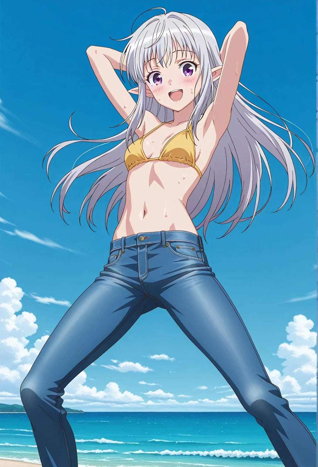 score_9, score_8_up, score_7_up, source_anime, highres, hi res, ((best quality, top quality, perfect quality, Highest Quality, amazing quality)), {{masterpiece}}, {{an extremely delicate and beautiful}}, 2d, intricate details, official style, anime, 8k, anime style, official_anime, official art, digital painting, cell shading, soft shading, high resolution, soothing tones, Subdued Color, Soft cinematic light, adobe lightroom, photolab, HDR, intricately and hyper-detailed, ((high quality animation)), 1 girl, Alone, solo, ((ocean)), tsunami, on the water, day, sunny, outdoors, sky, windy, mariabelle, long hair, purple eyes, white hair, grey hair, pointy ears, elf, anime screencap, small breasts, yellow bikini top, best quality, hyper-detailed jeans, ((blue jeans:1.9)), (dark blue jeans:0.6), full medium body, medium shot, Open mouth, smiling, happy face, blush, sweat, standing, ((arms behind head:6.0)), bowlegged, jumping pose, action, looking at viewer, spread legs, Bend knees slightly, straight-on front view